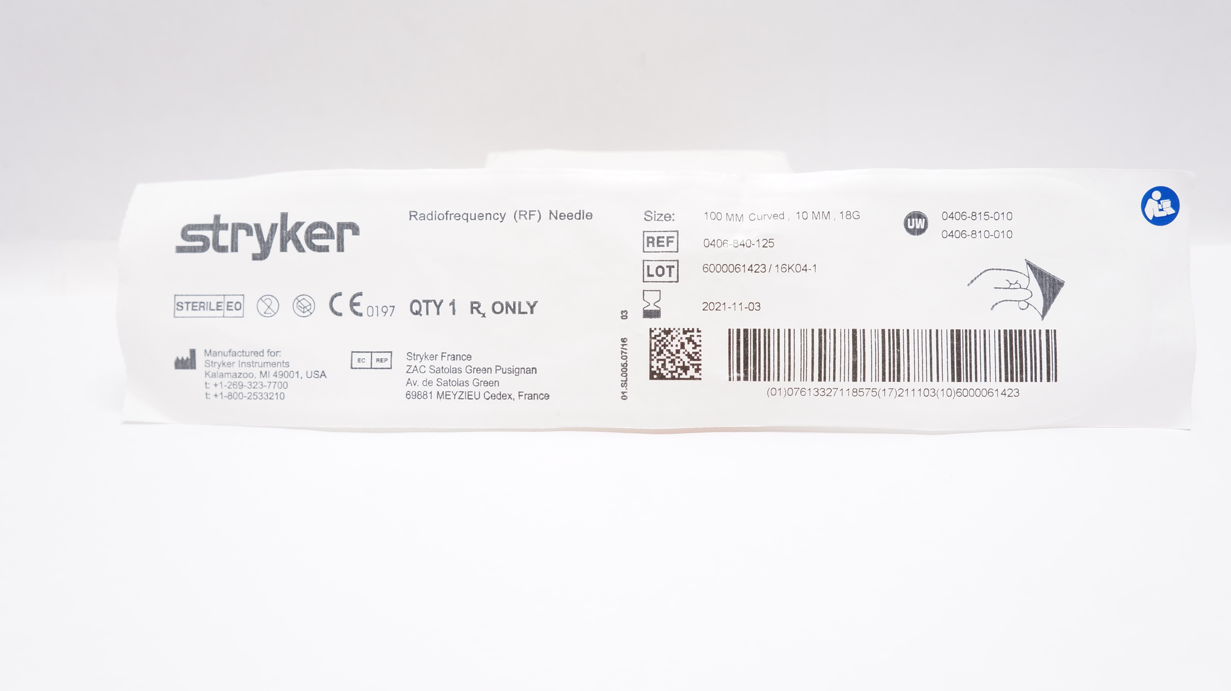 Stryker 0406-840-125 Radiofrequency Ndle., 100mm Curved, 10mm, 18G