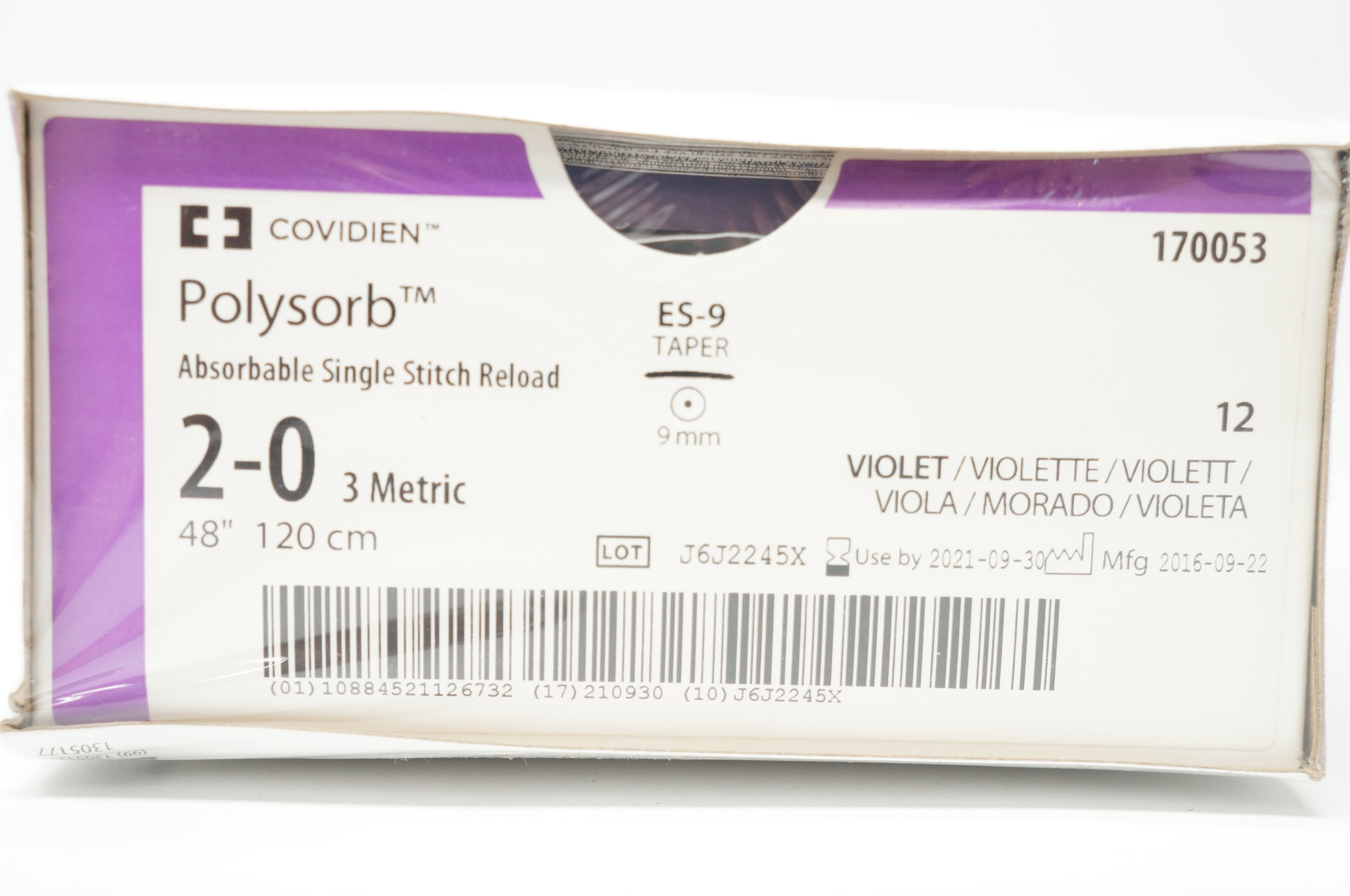 Covidien 170053 2-0 Polysorb Stitch Reload ES-9 9mm Taper 48inch (x) - Box of 12