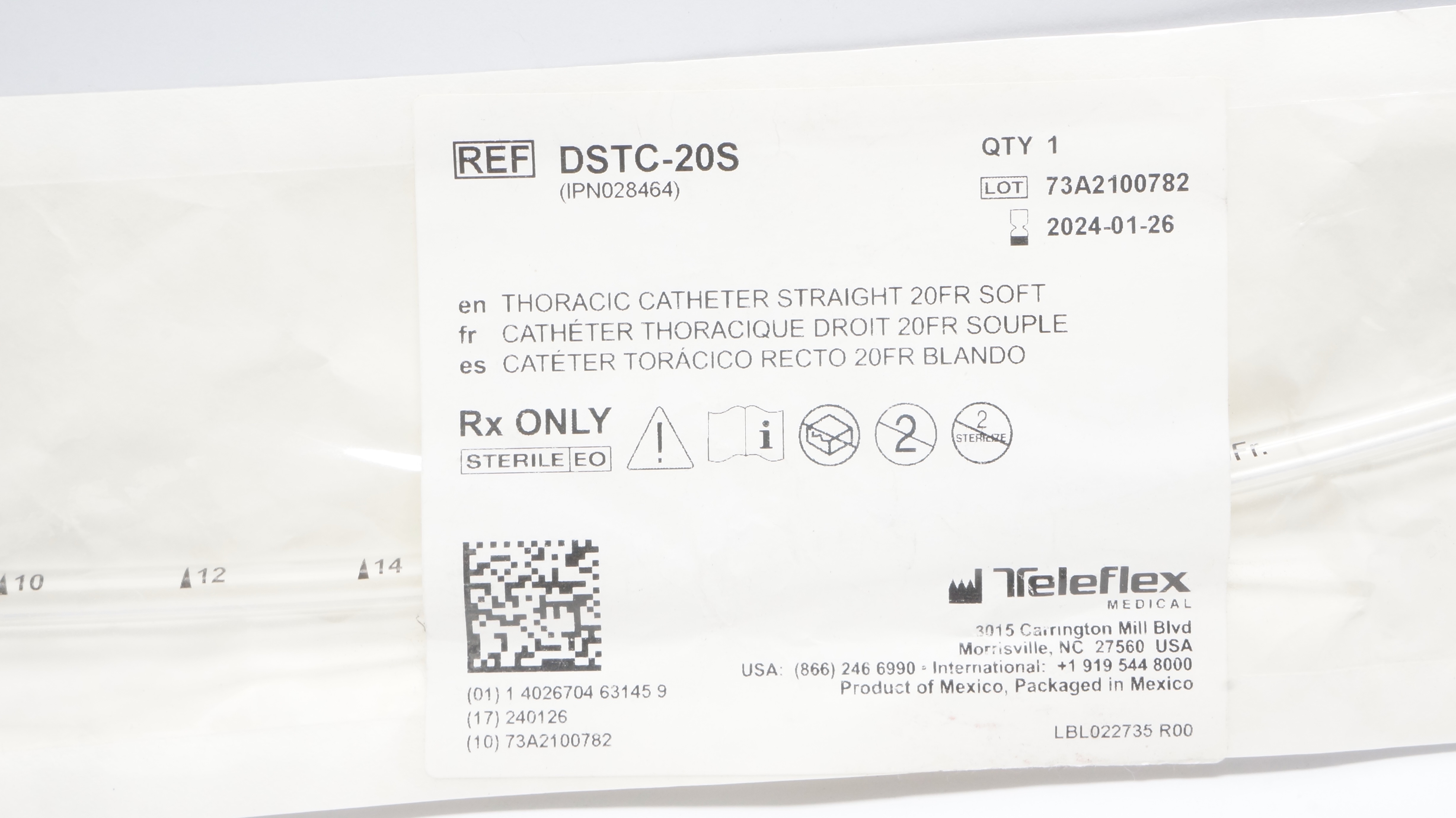 Teleflex DSTC-20S Thoracic Cath. Straight 20Fr Soft (x)