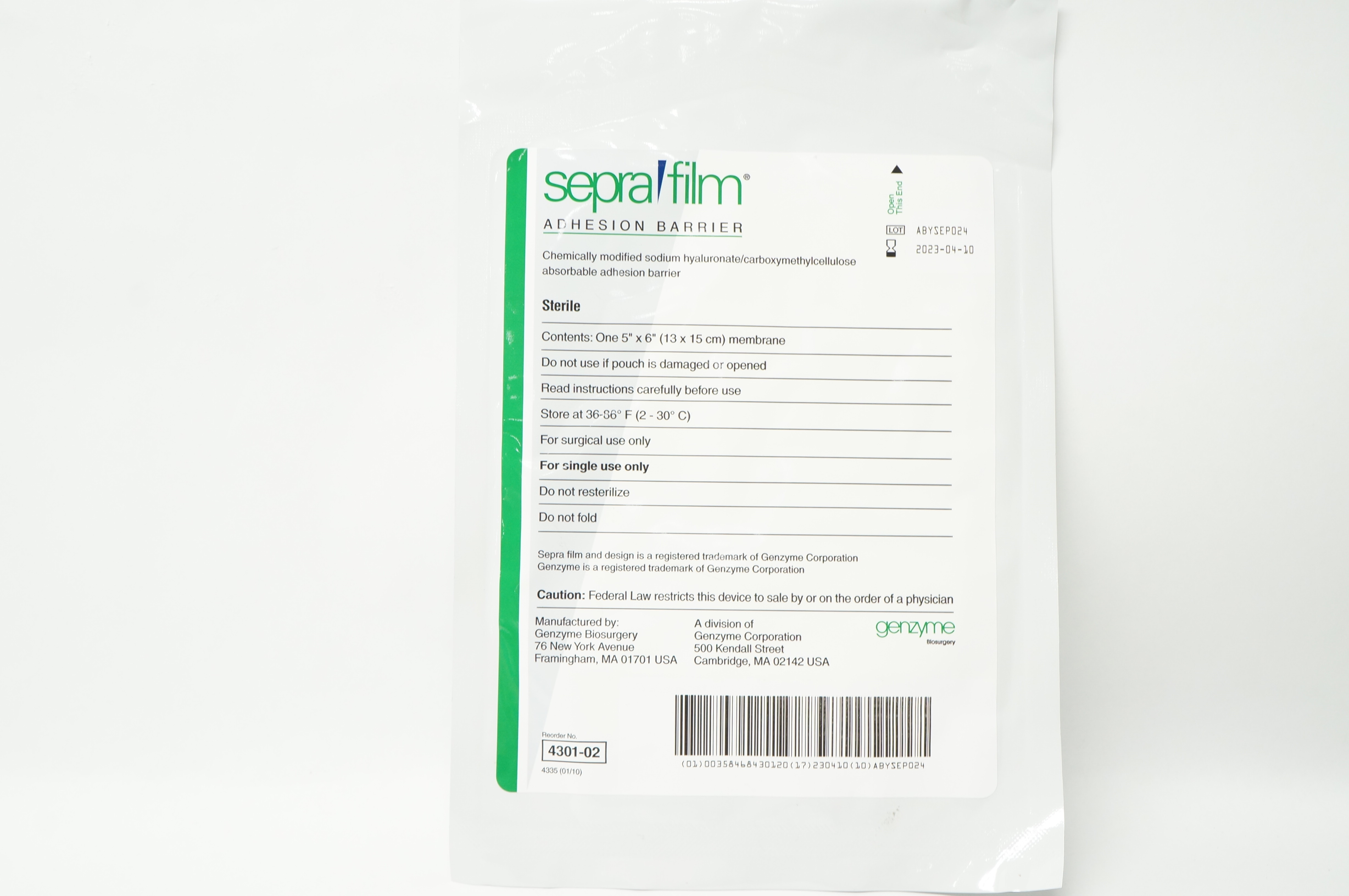 Genzyme 4301-02 Sepra Firm Adhesion Barrier 5inch x 6inch