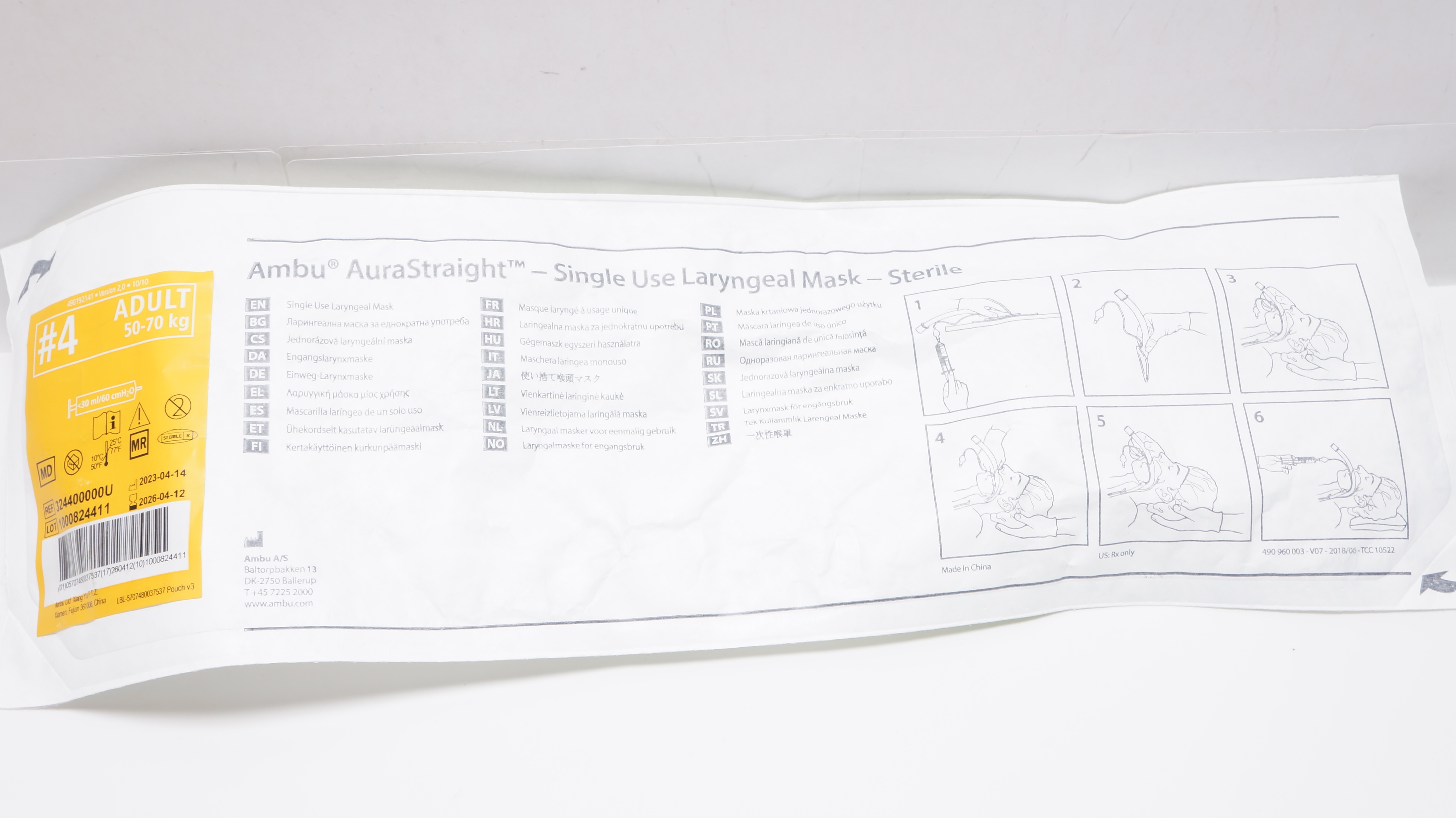 Ambu 324400000U AuraStraight - Laryngeal Mask Adult 50-70 kg, Size 4