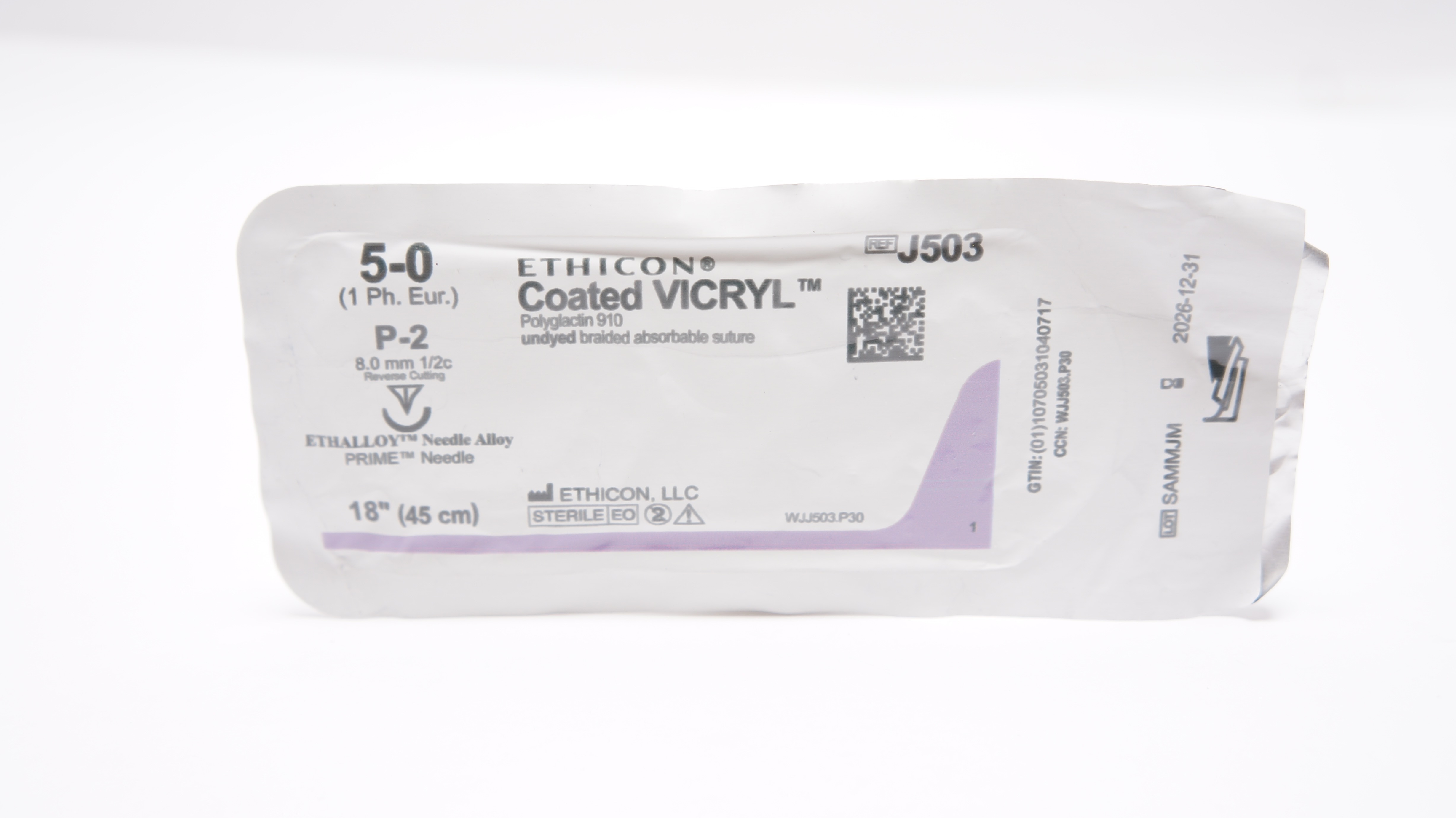 Ethicon J503 5-0 VICRYL, P-2,  8mm 1/2c Reverse Cutting,  18inch