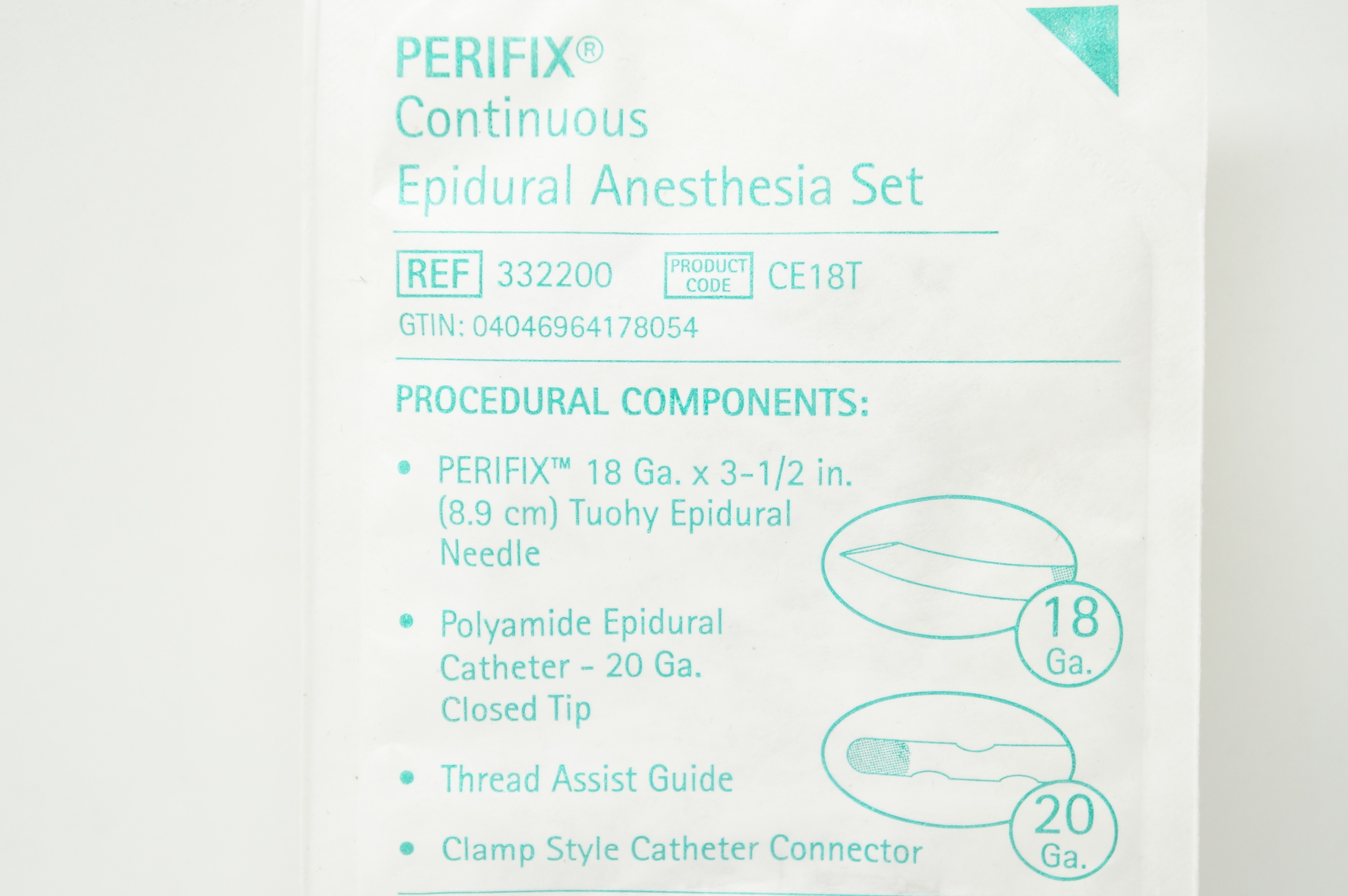 Braun 332200 Perifix Continuous Epidural Anesthesia Set 18Ga x 3-1/2 inch x 20Ga