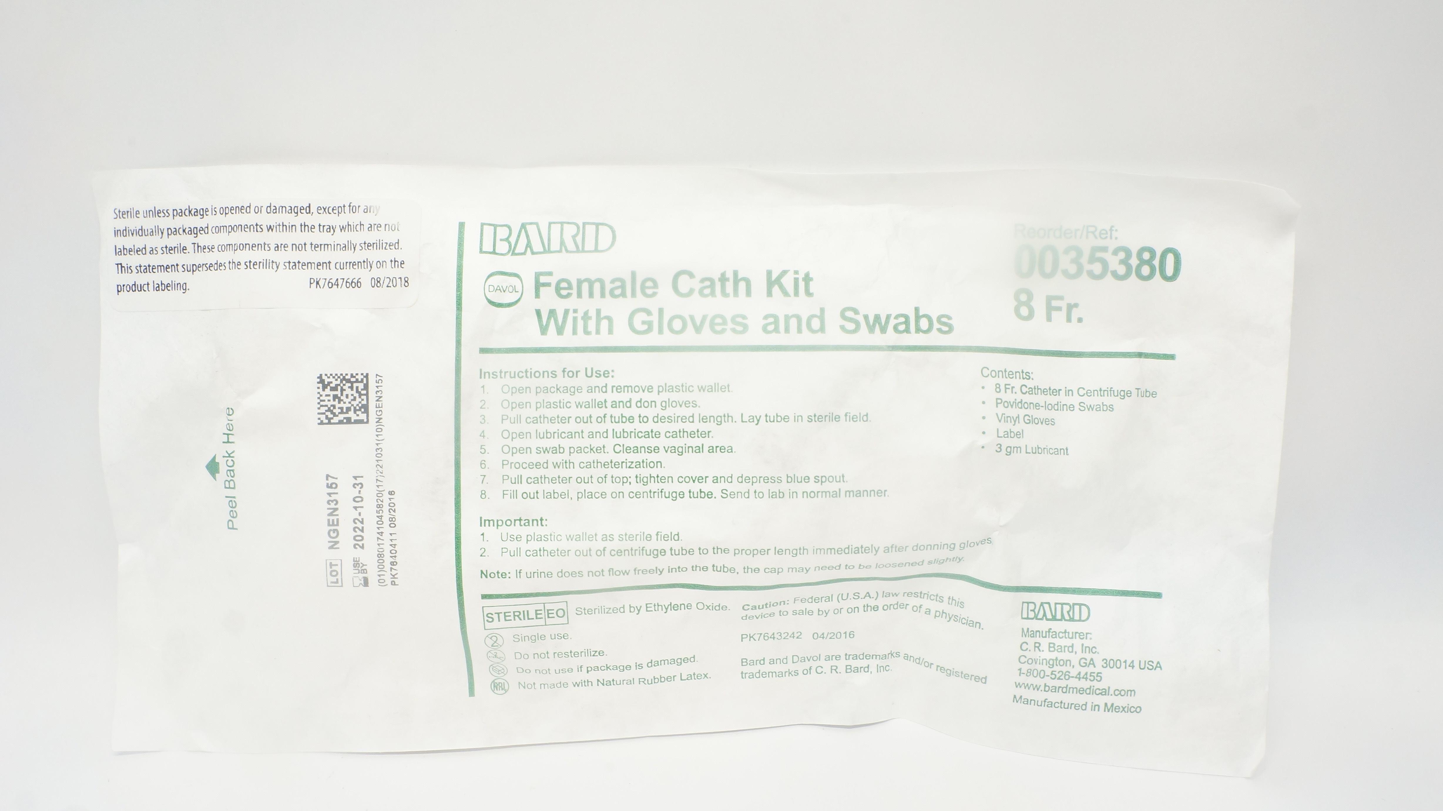 Bard 0035380 Female Cath Kit With Gloves and Swabs 8Fr