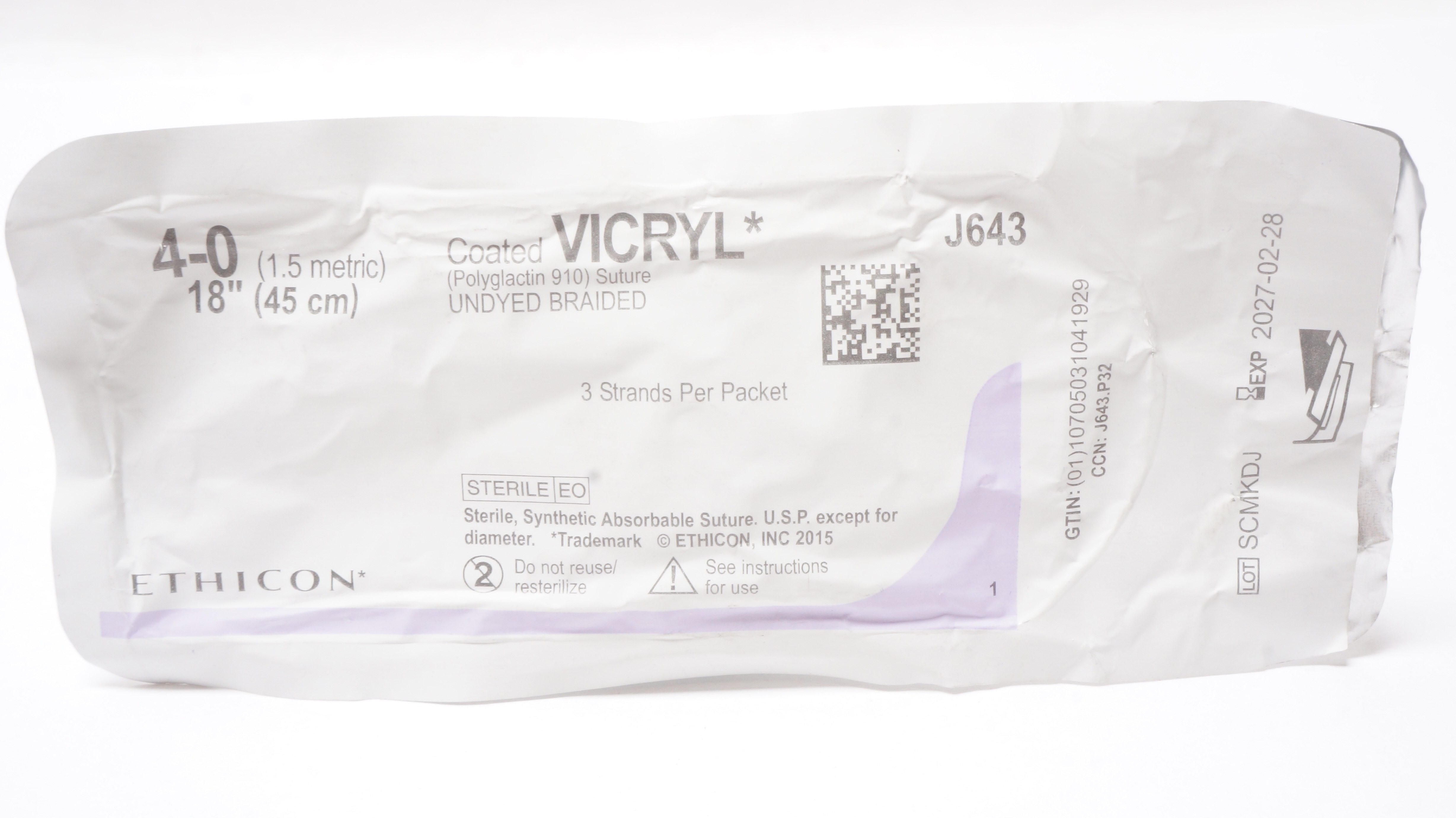 Ethicon J643 4-0 Coated VICRYL Polyglactin 910 Stre Undyed Braided 18inch