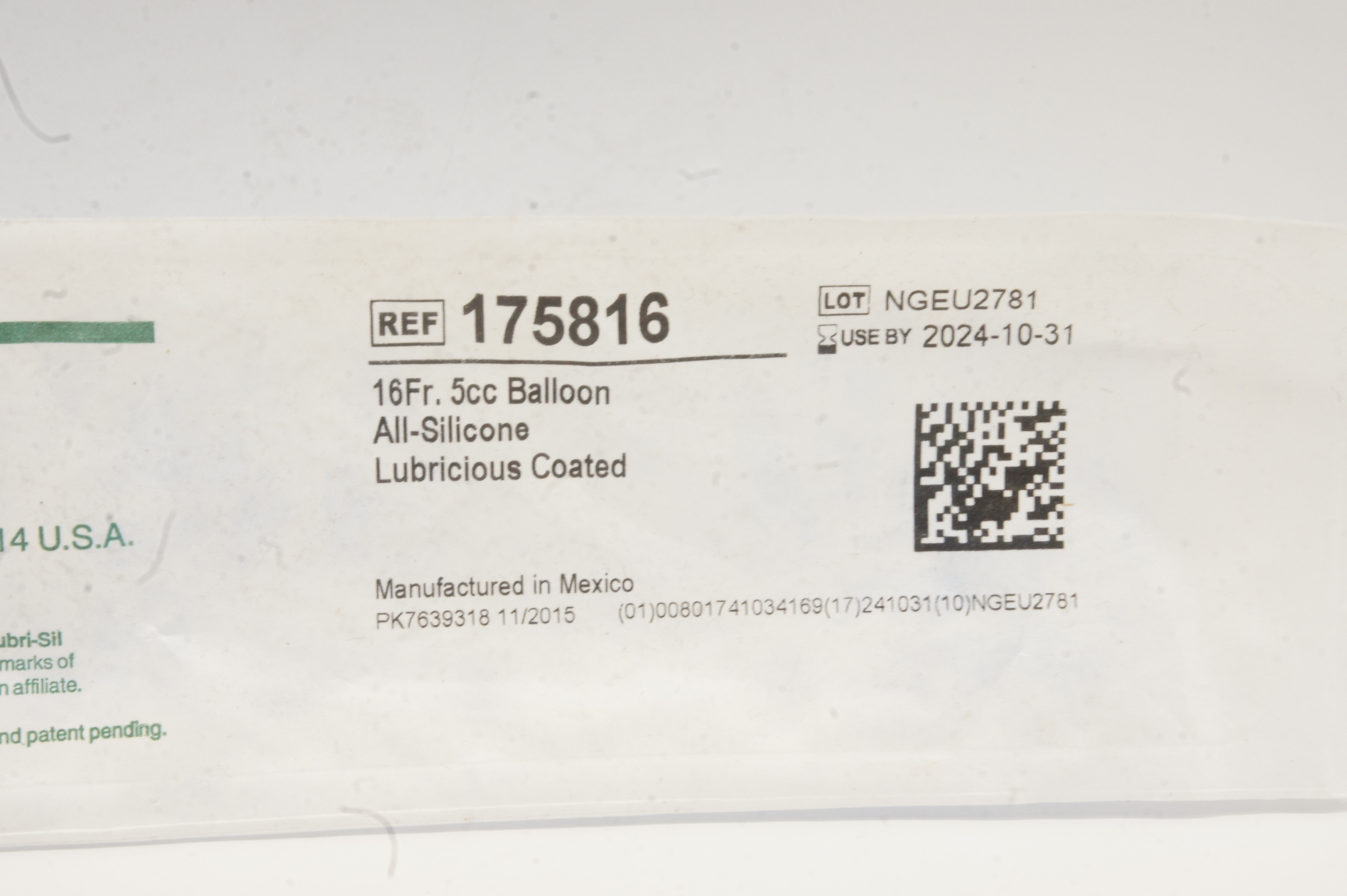 Bard 175816 Lubri-Sil All-Silicone Foley Cath. 16Fr 5cc Balloon (x)