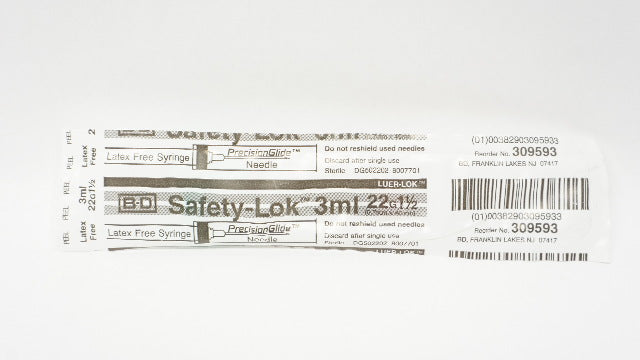 BD 309593 Safety-Lok Latex Free Syringe W/PrecisionGlide Ndle 3mL