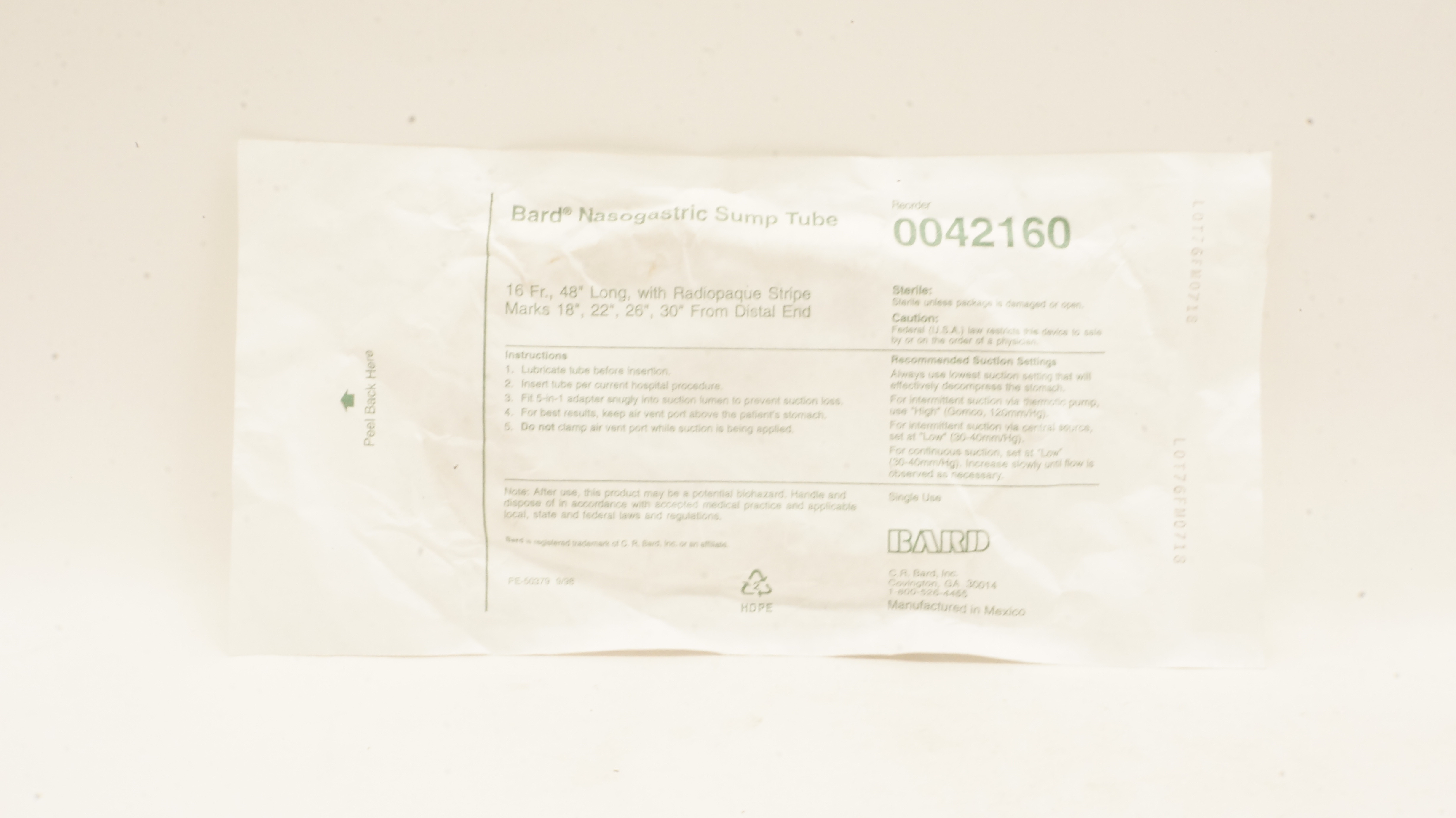 Bard 0042160 Nasogastric Sump Tube w/Radiopaque Stripe, 16Fr x 48inch