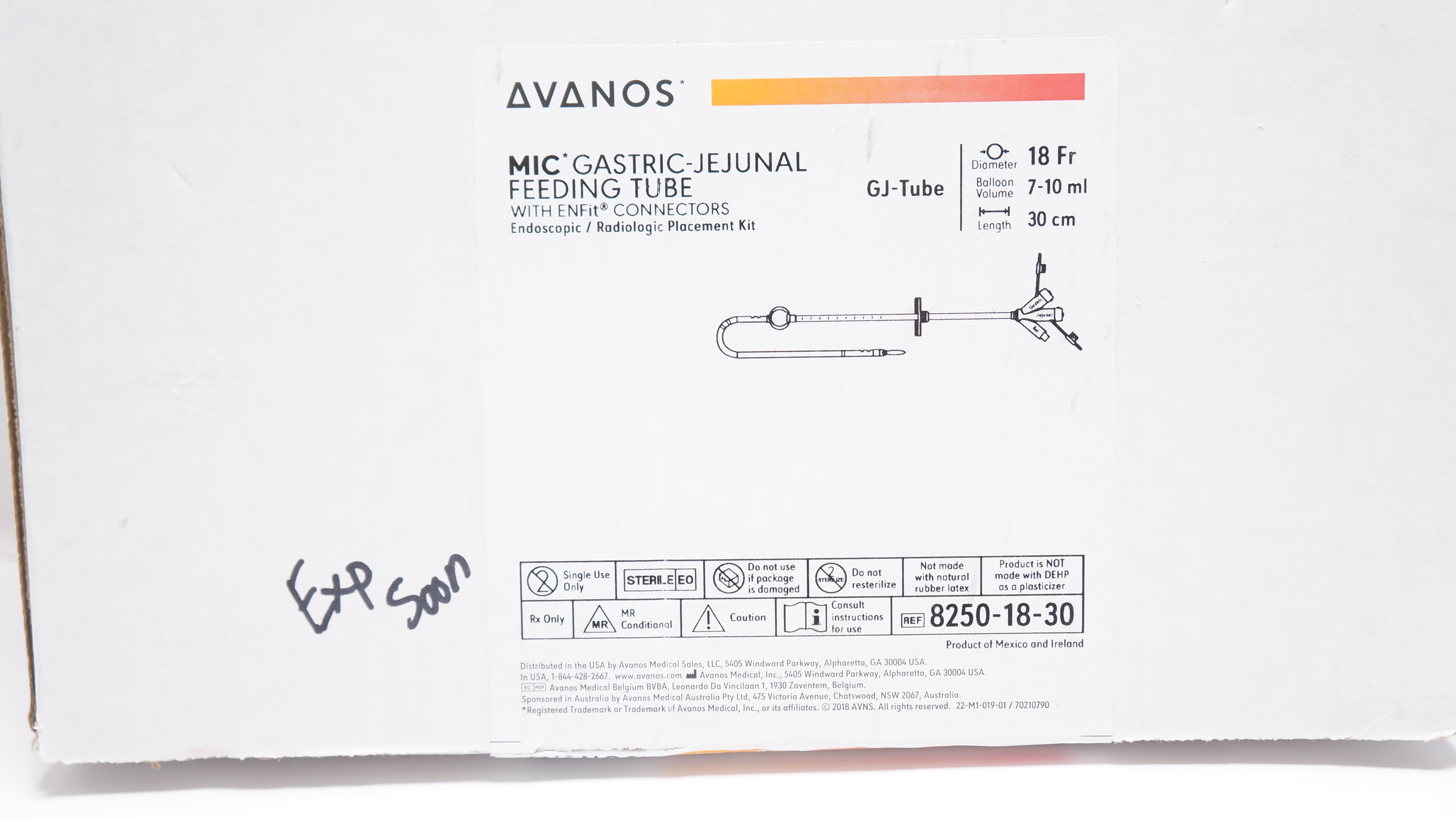 Avanos 8250-18-30 MIC Gastric-Jejunal Feeding Tube 18Fr x 30cm, 7-10mL (x)
