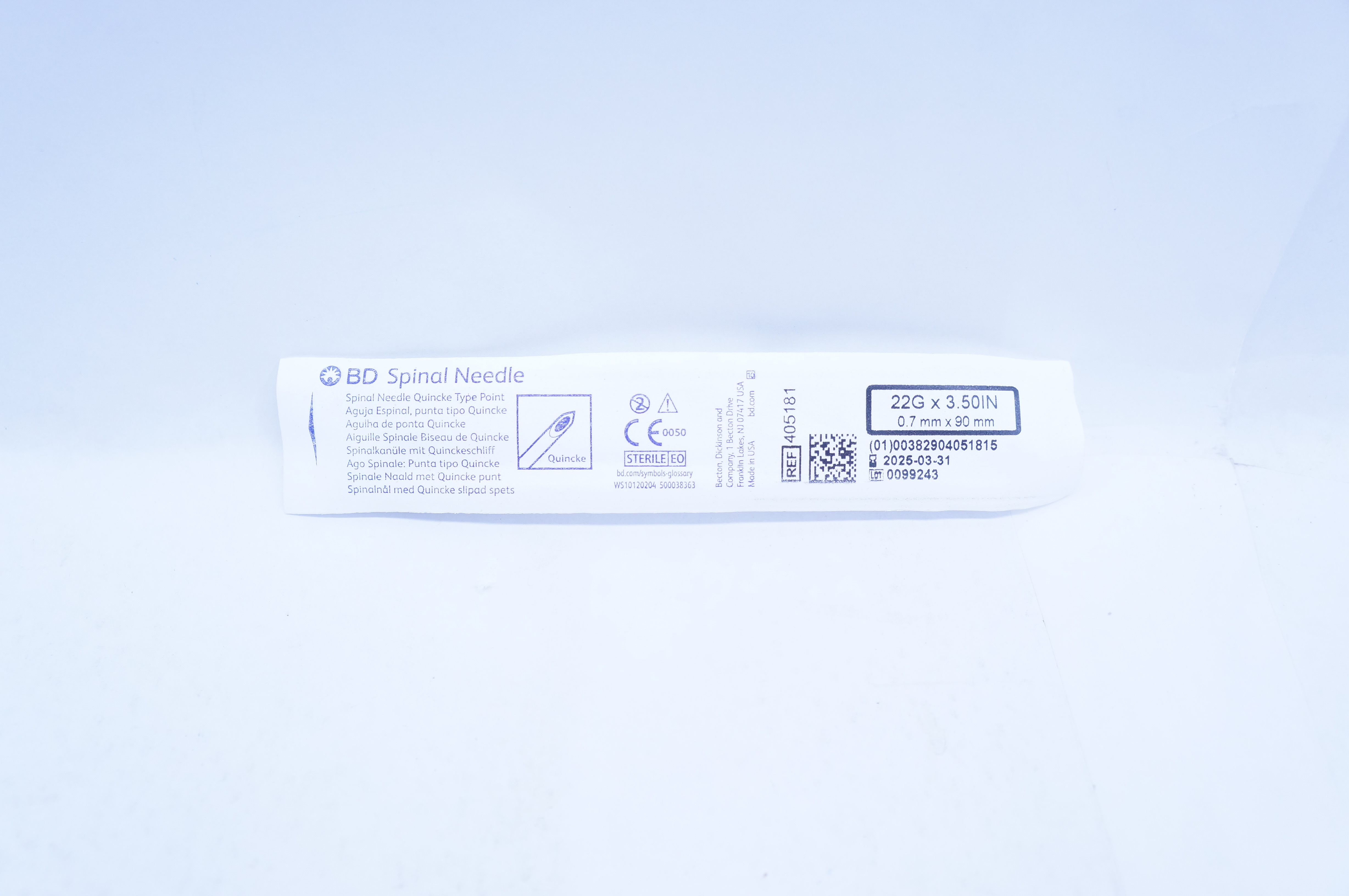 BD 405181 Spinal Ndle Quincke Type Point 22G x 3.50inch