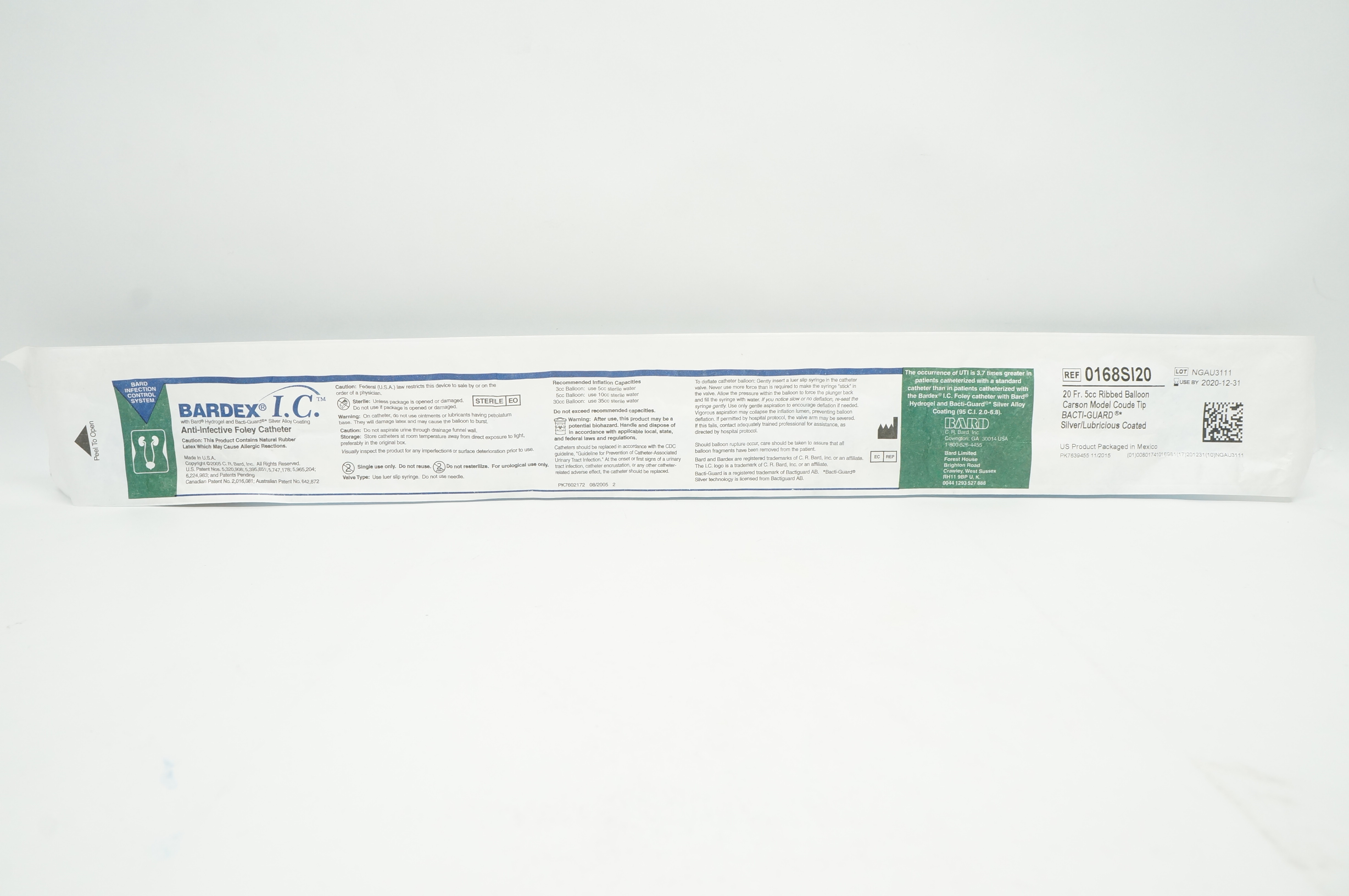 Bard 0168SI20 Bardex I.C. Anti-Infective Foley Cath. 20Fr 5cc Ribbed Balloon (x)