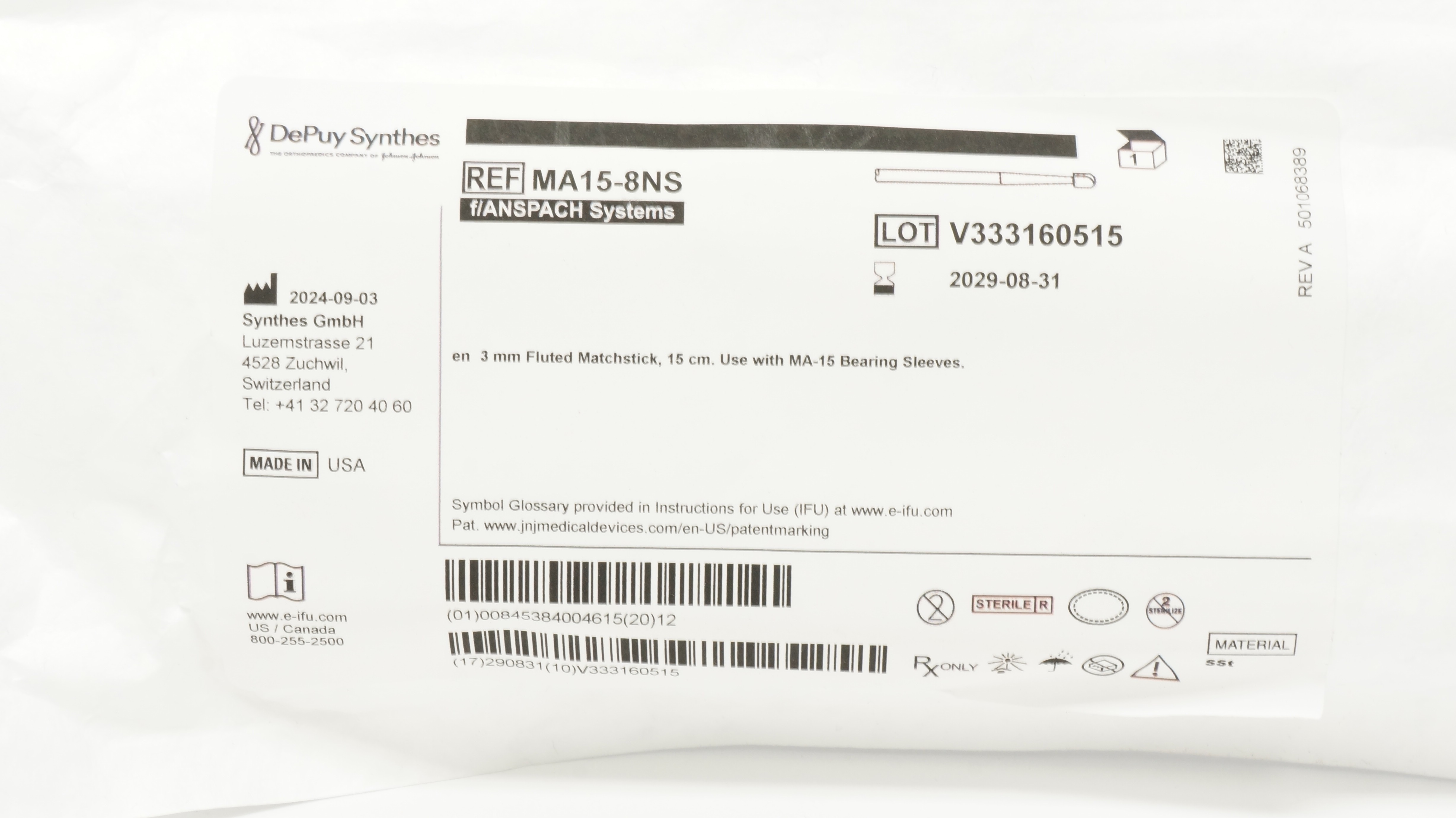 DePuy Synthes MA15-8NS 3mm Fluted Matchstick, 15cm