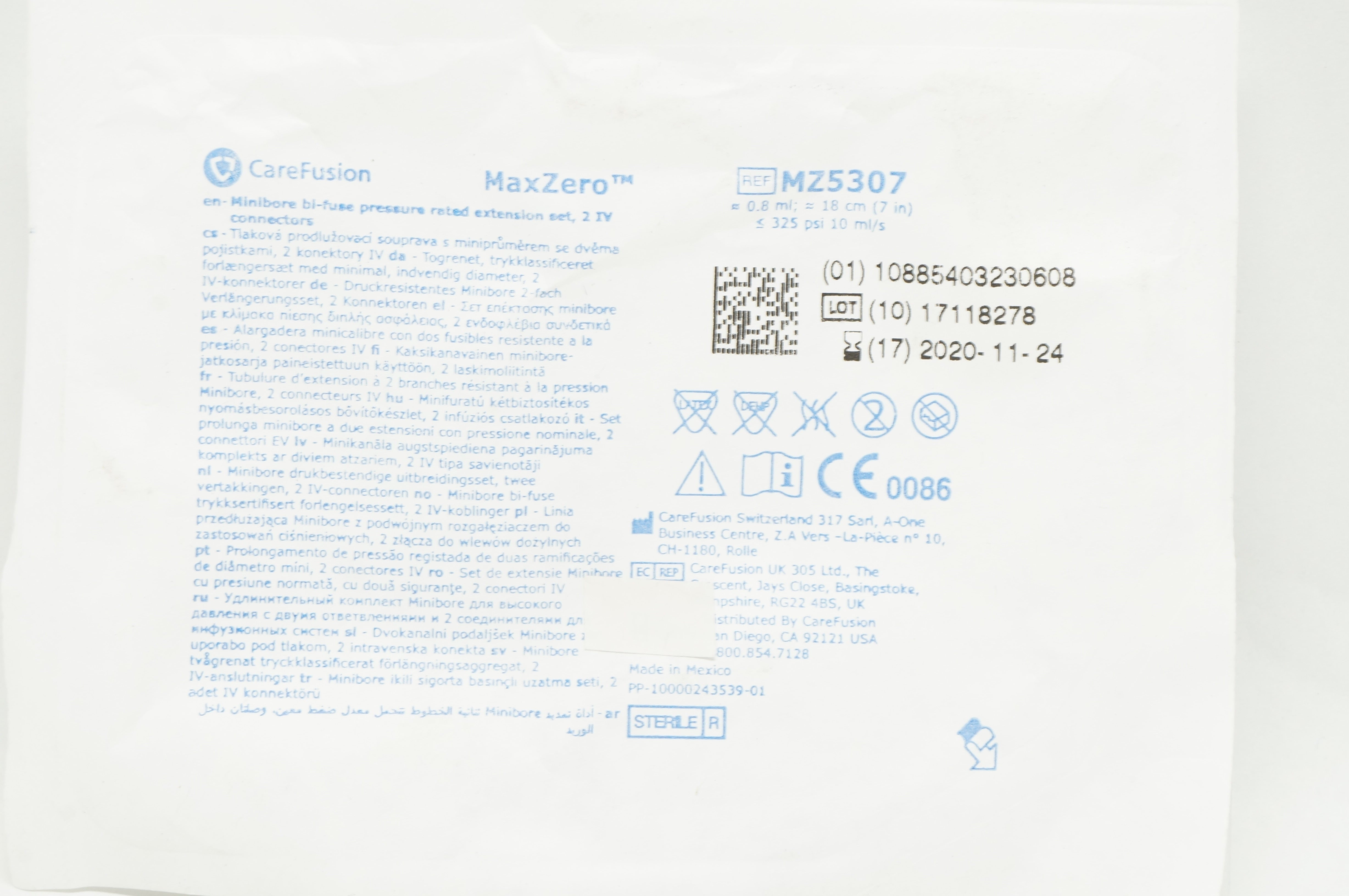 CareFusion MZ5307 MaxZero Microbore Bi-Fuse Extension Set 2 IV Connectors 7in(x)