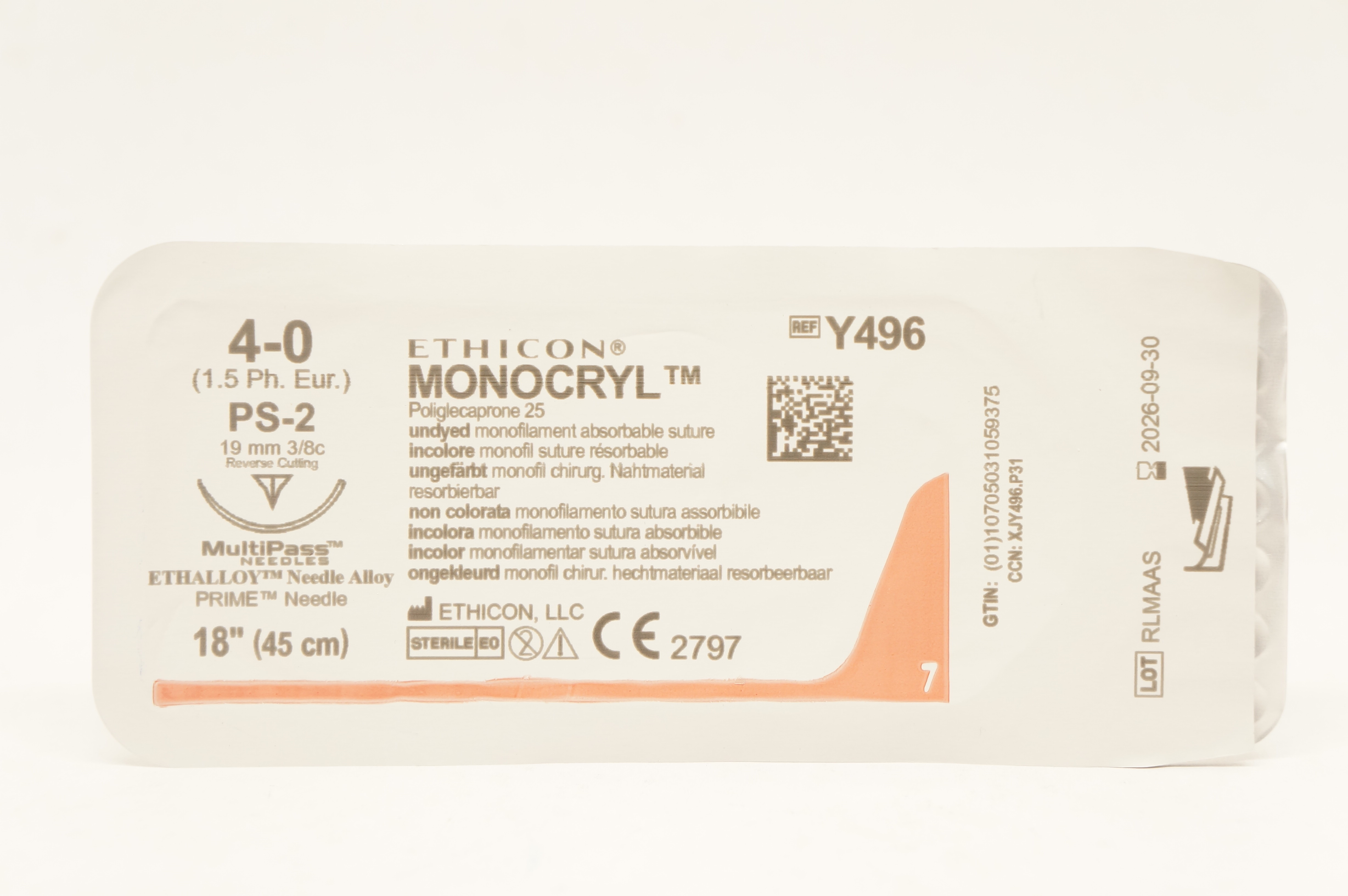 Ethicon Y496 4-0 Monocryl Undyed Stre PS-2 19mm 3/8c Reverse Cutting, 18 inch