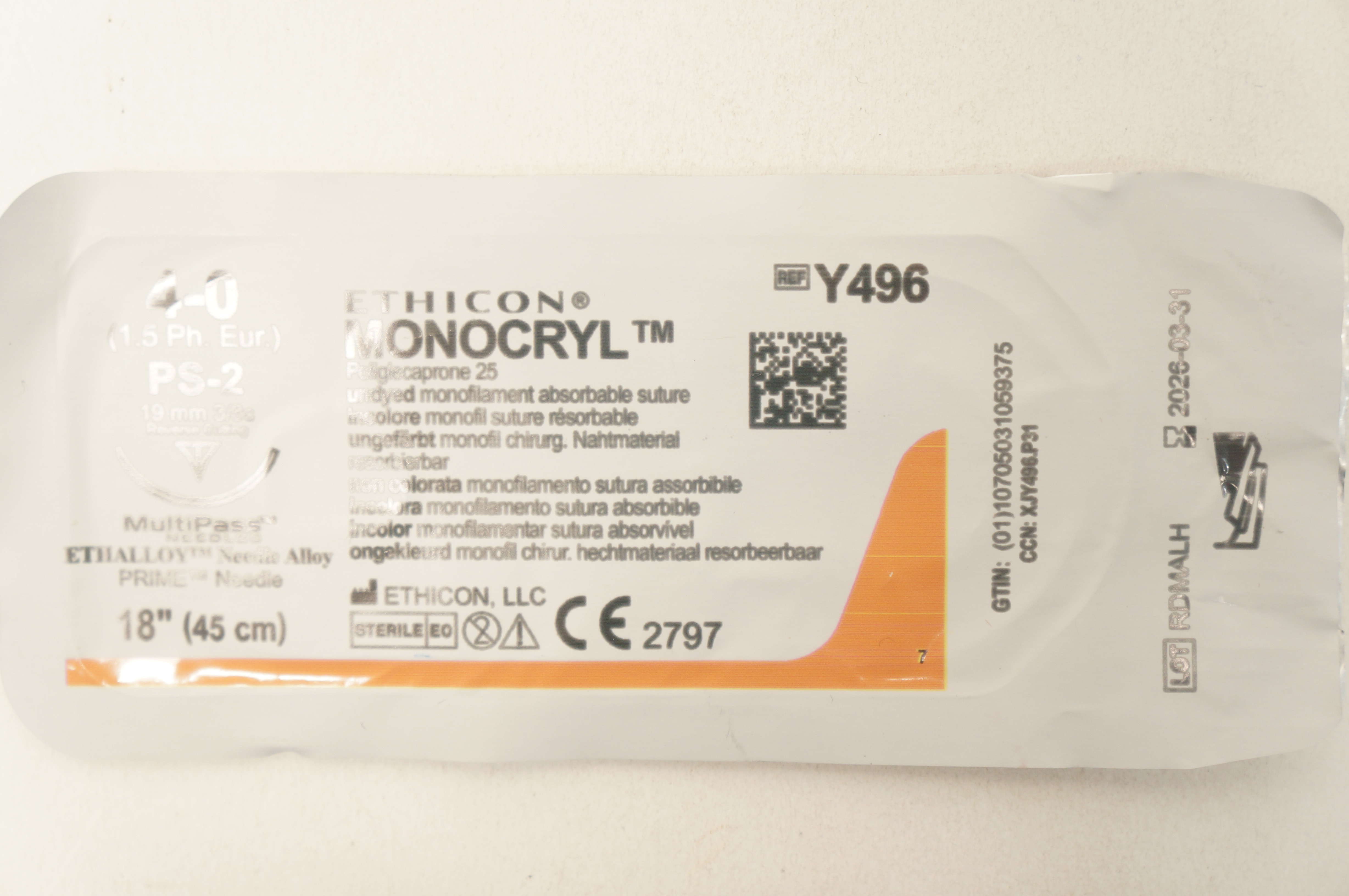 Ethicon Y496 4-0 Monocryl Undyed Stre PS-2 19mm 3/8c Reverse Cutting 18 inch