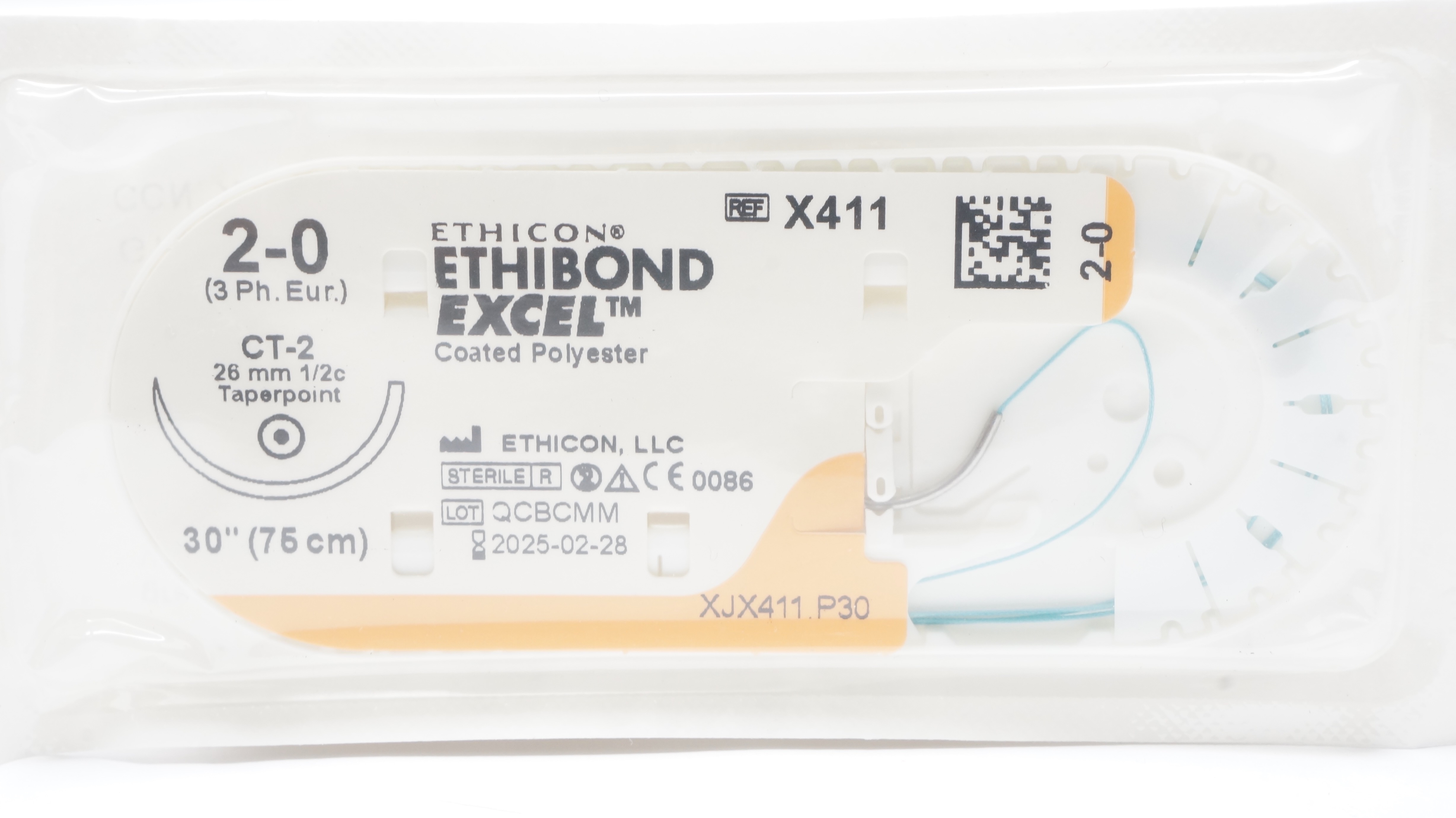 Ethicon X411 2-0 ETHIBOND EXCEL Stre CT-2 26mm 1/2c Taperpoint 30inch (x)
