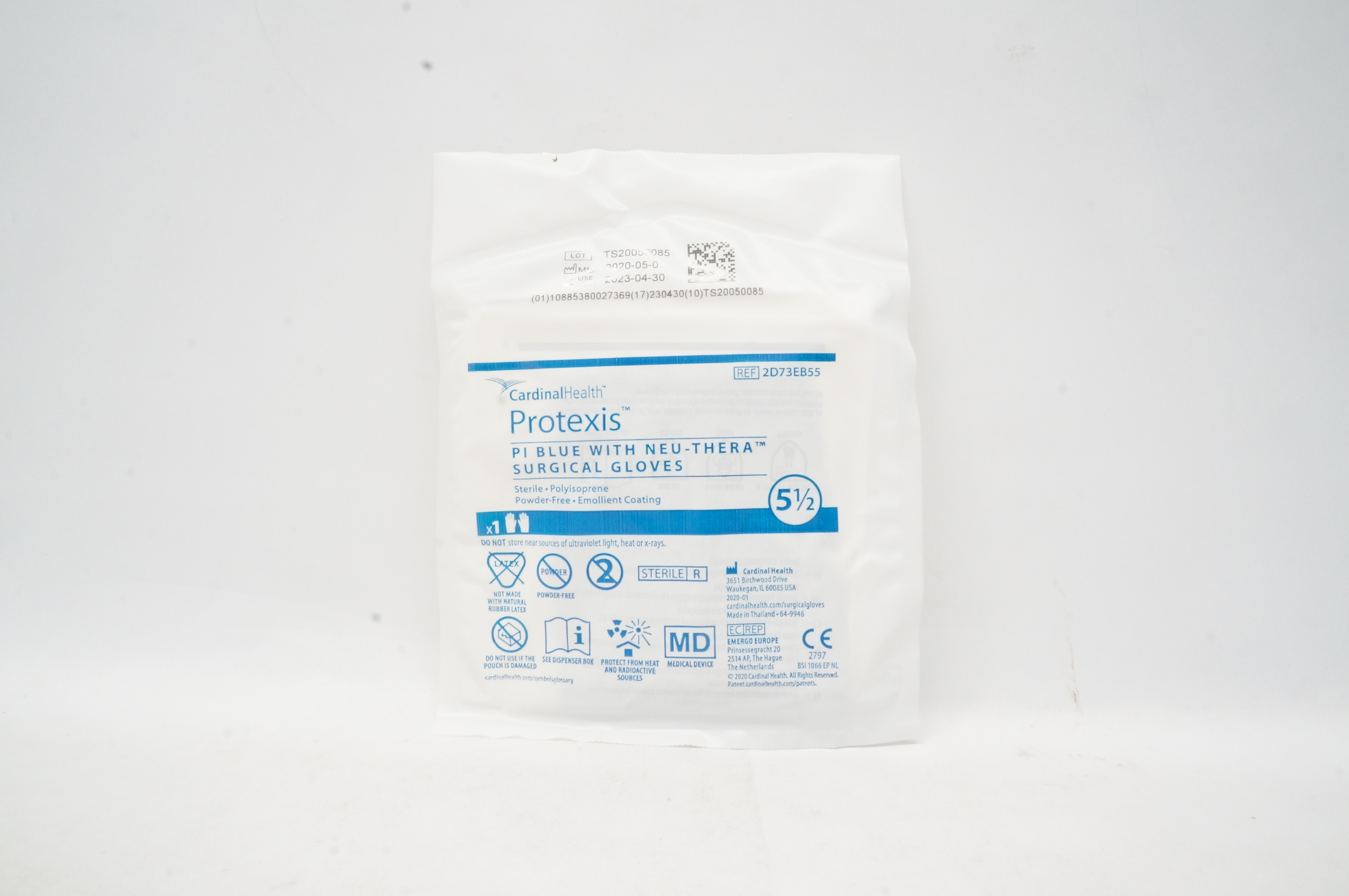 Cardinal Health 2D73EB55 Protexis PI Blue W/Neu-Thera Surgical Gloves, 5 1/2