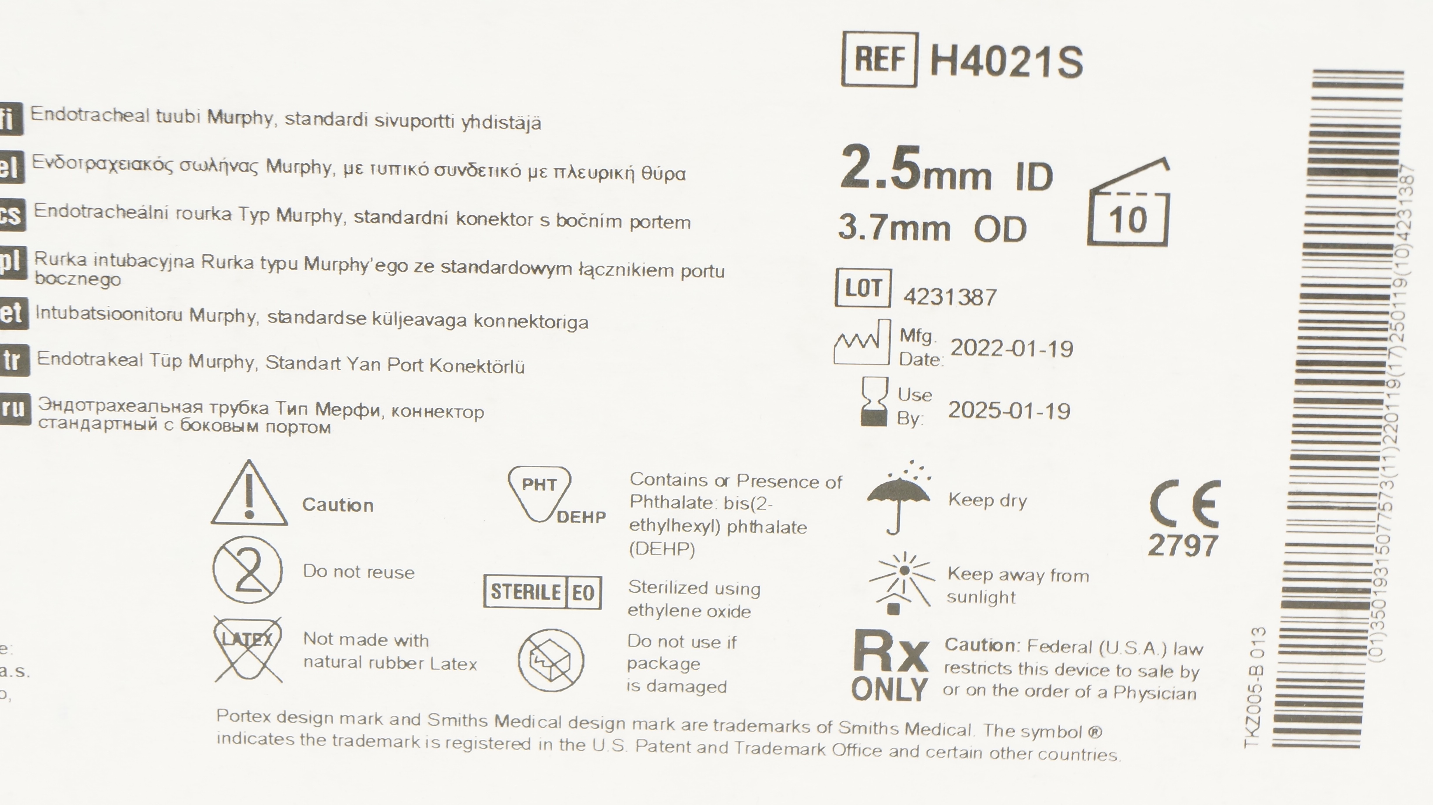 Smiths Medical H4021S Portex Endotracheal Tube 2.5mm ID x 3.7mm OD - Box of 10