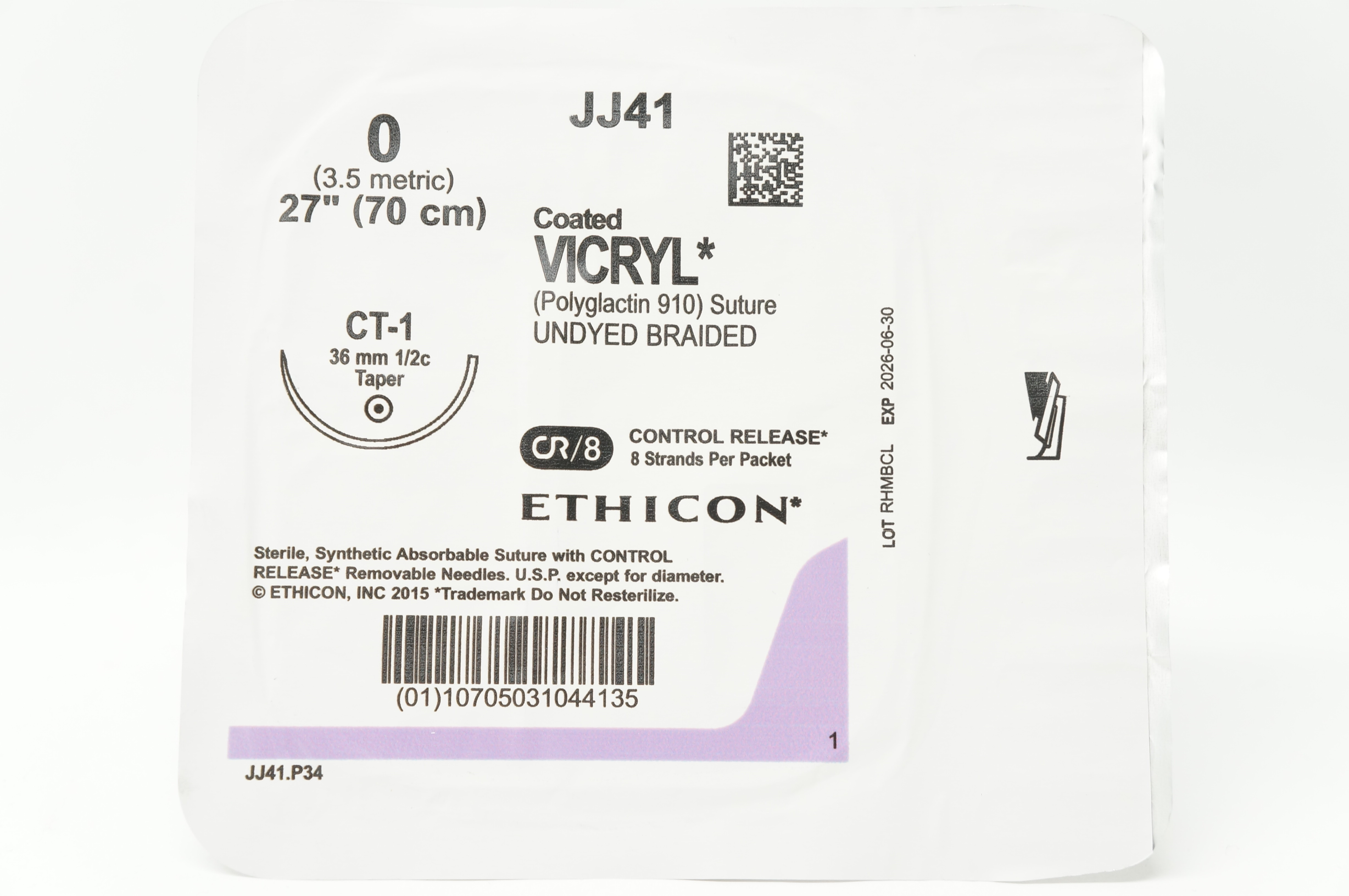 Ethicon JJ41 0 Coated VICRYL Polyglactin Stre CT-1 36mm 1/2c Taper, 27inch