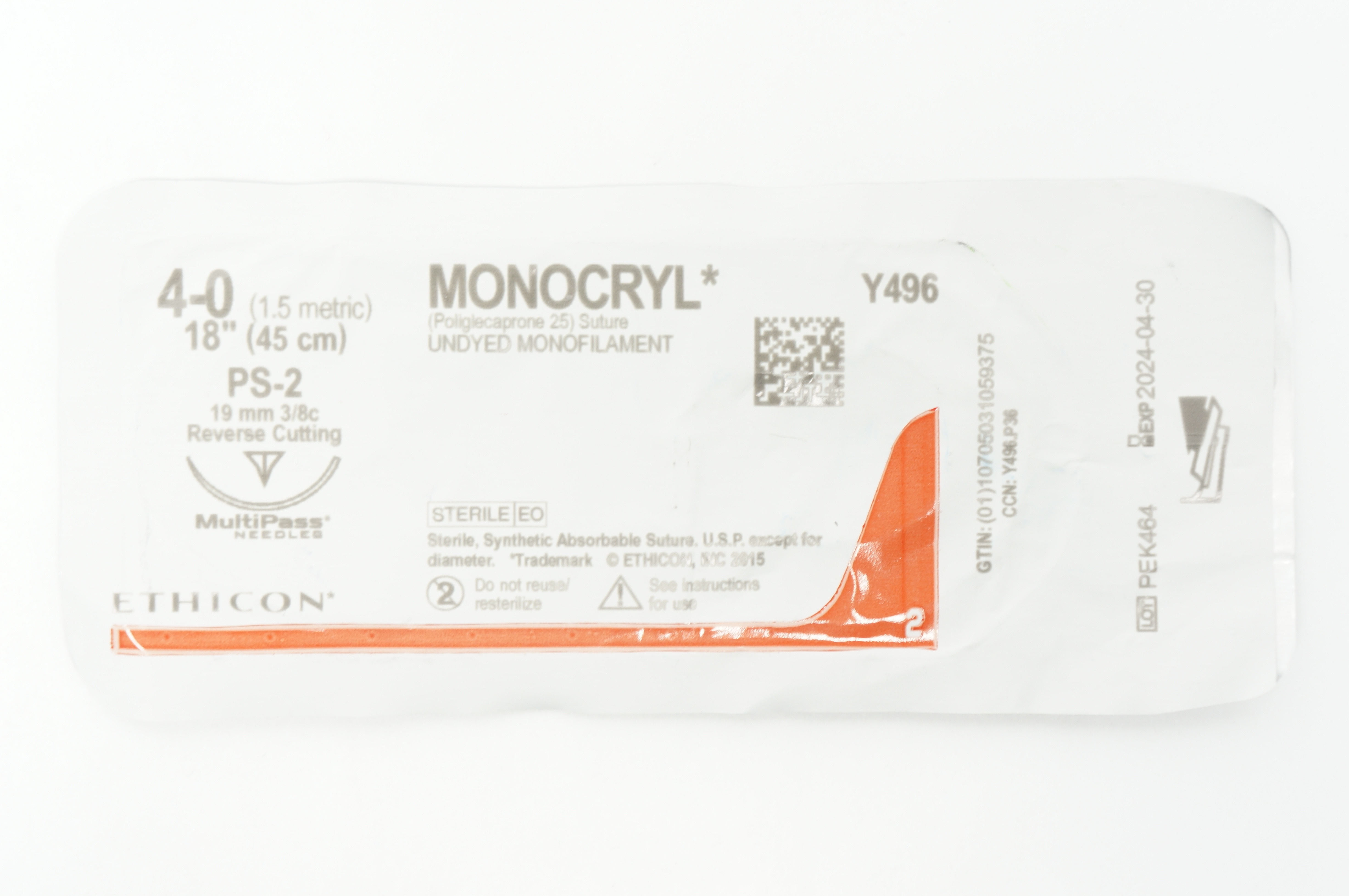 Ethicon Y496 4-0 MONOCRYL Undyed PS-2 19mm 3/8c Reverse Cutting, 18inch