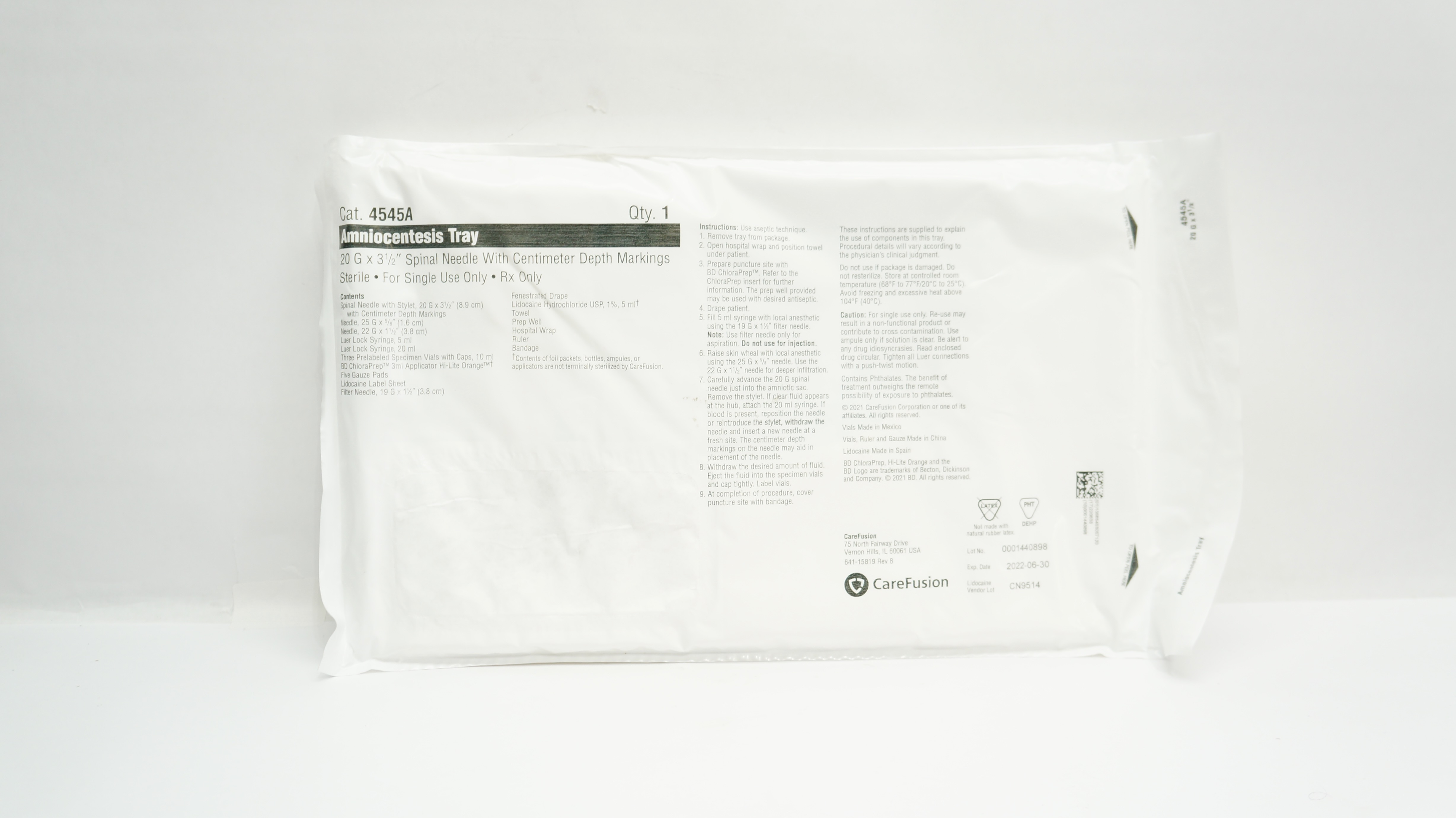 CareFusion 4545A Amniocentesis Tray w/Spinal Ndle. 20G x 3-1/2inch (x)