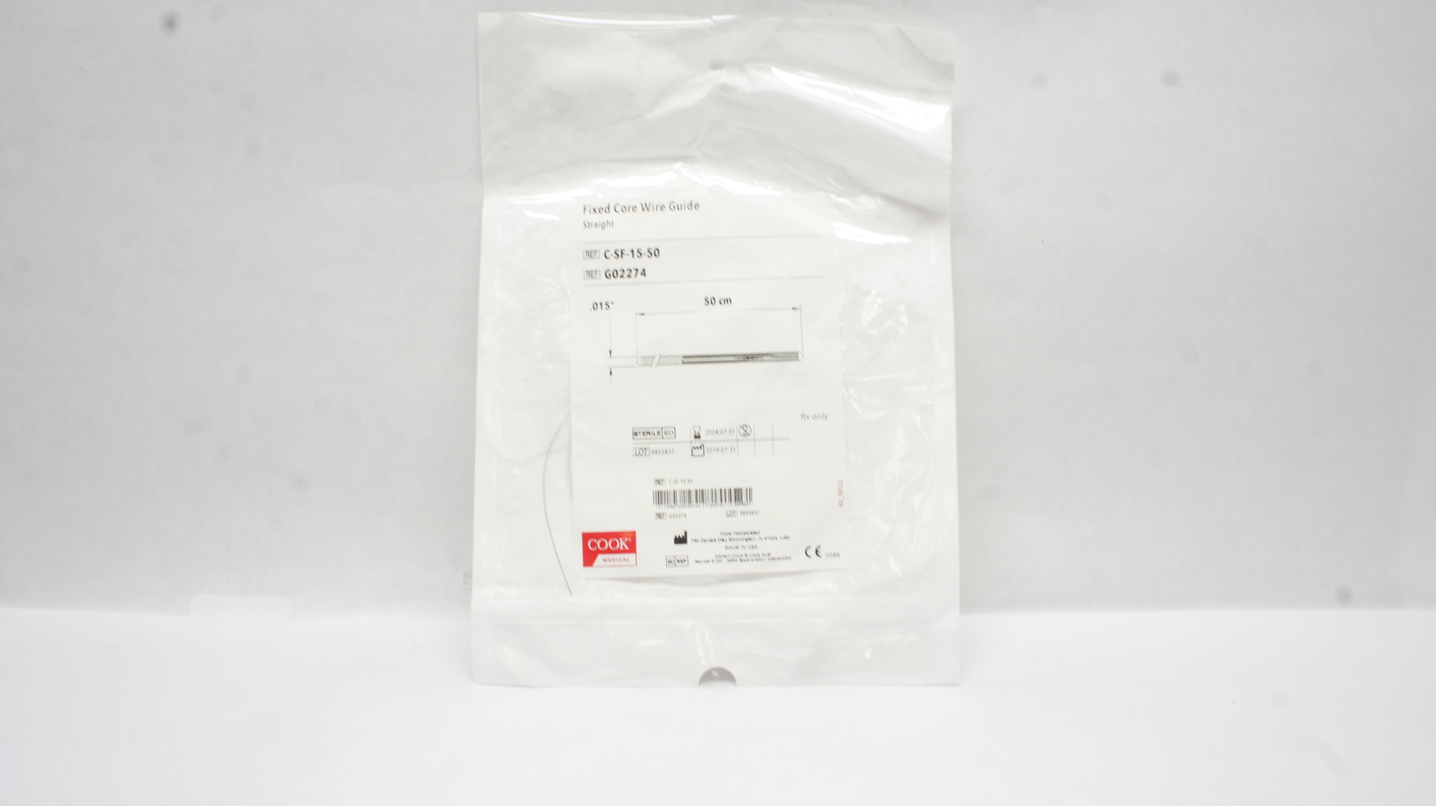 Cook Medical G02274 Fixed Core Wire Guide Straight 0.015inch x 50cm