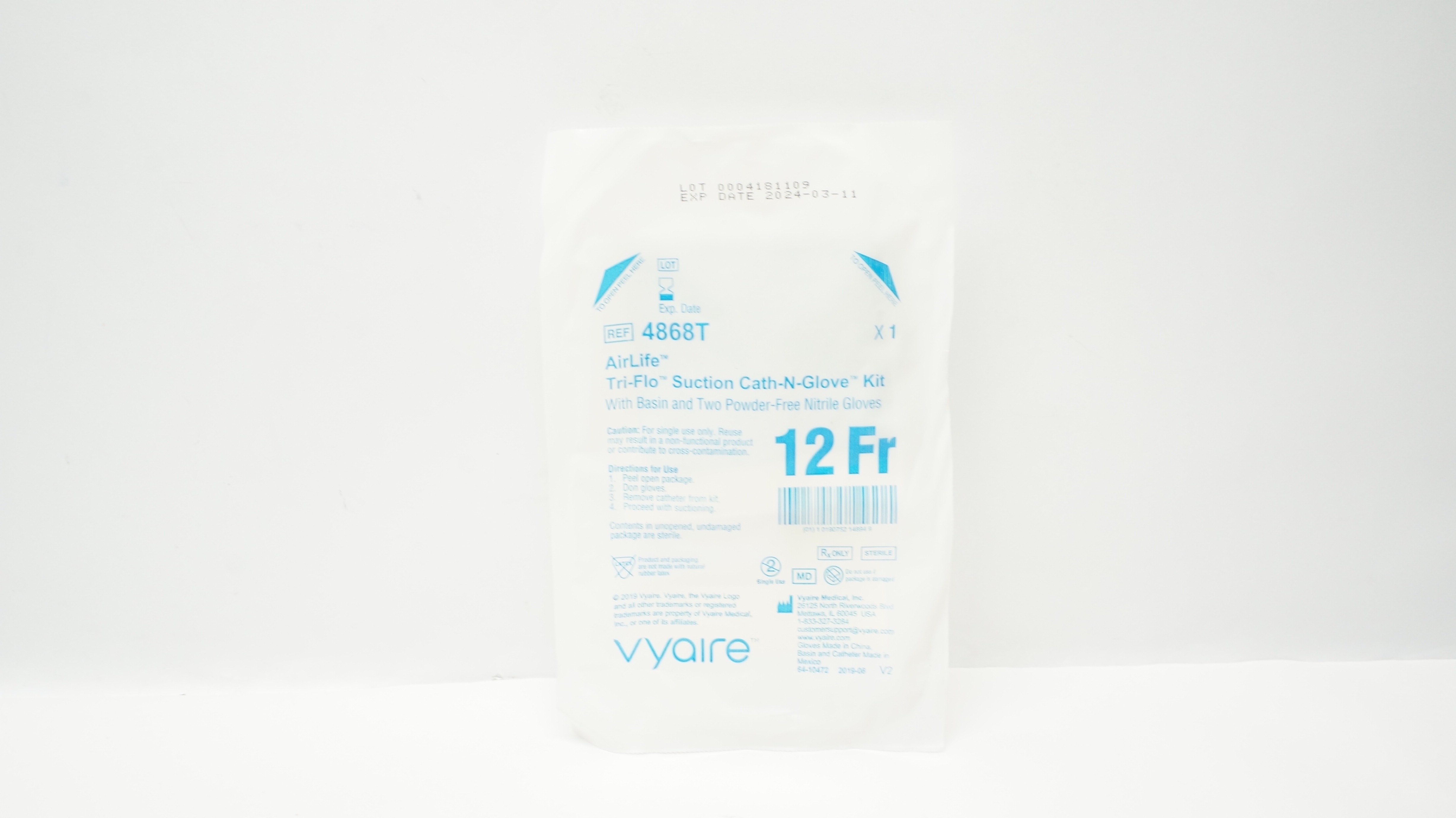 Vyaire 4868T AirLife Tri-Life Tri-Flo Suction Cath-N-Glove Kit 12Fr (x)