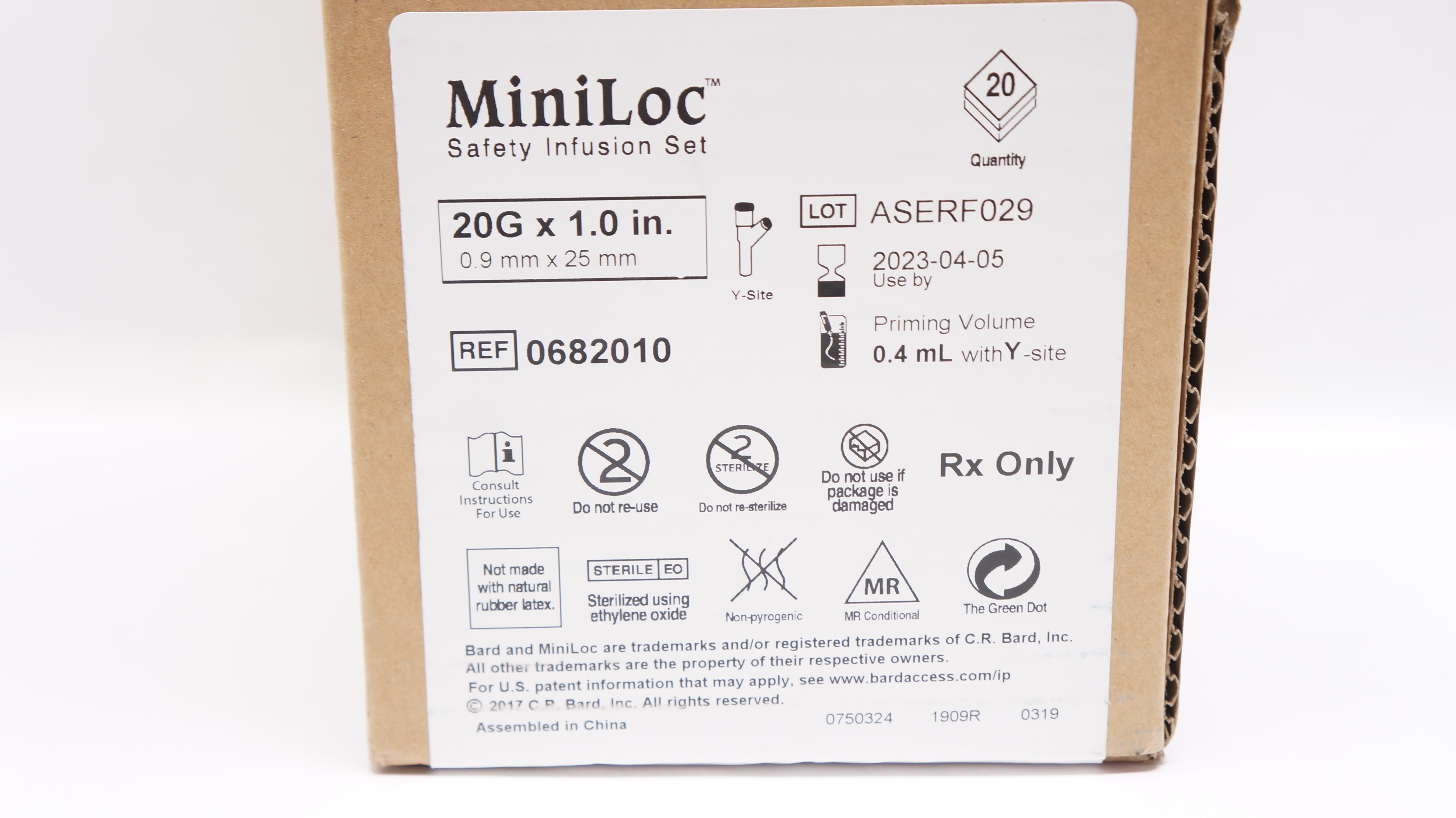 Bard 0682010 MiniLoc Safety Infusion Set 20G x 1.0 inch (x) - Box of 20