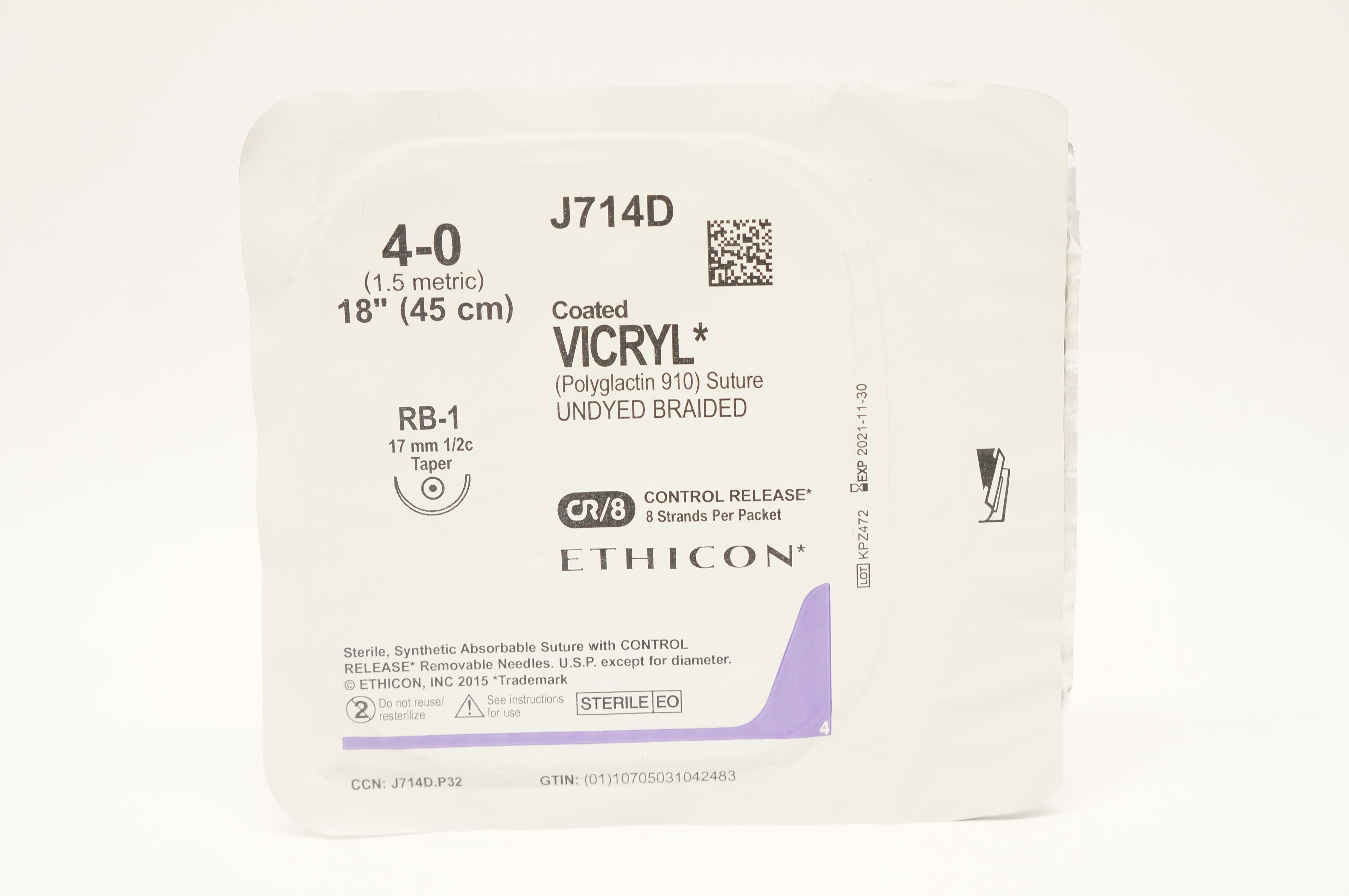Ethicon J714D 4-0 Coated VICRYL RB-1 17mm 1/2c Taper, 18inch  (x)