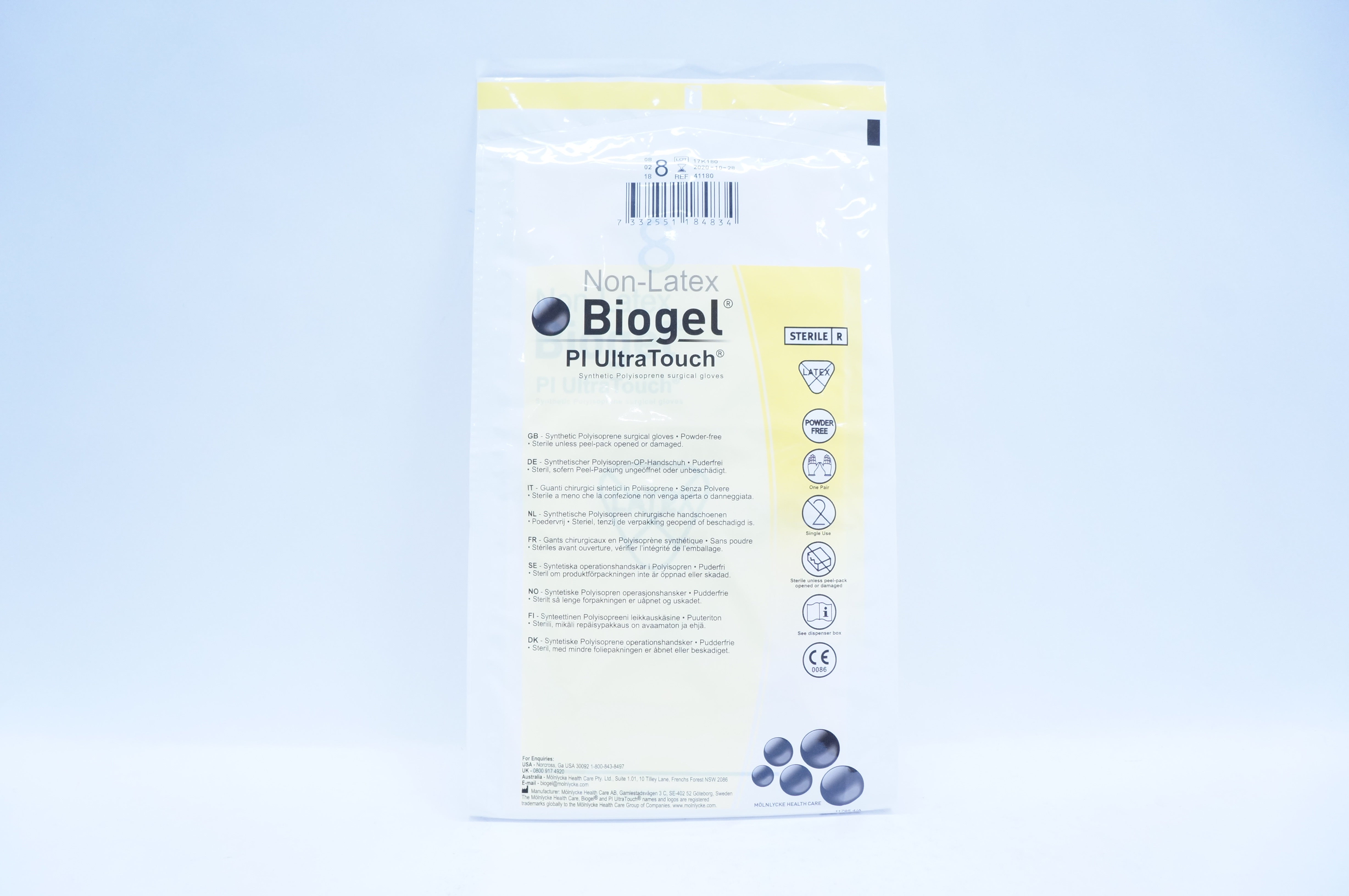 Molnlycke Health Care 41180 Biogel Pl UltraTouch Polyisoprene Gloves, Size 8 (x)