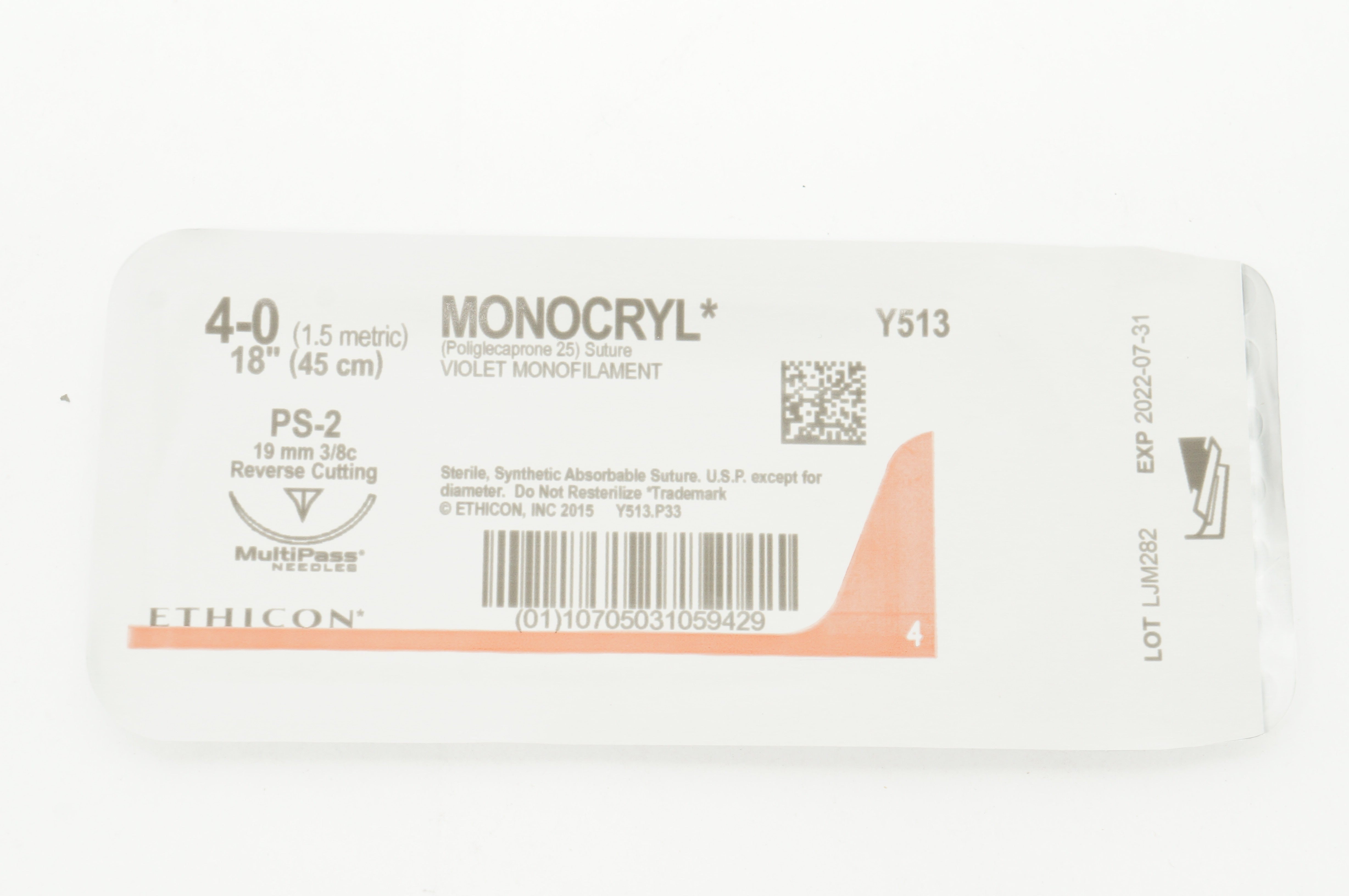Ethicon Y513 4-0 Monocryl 18inch PS-2 19mm 3/8c Reserve Cutting