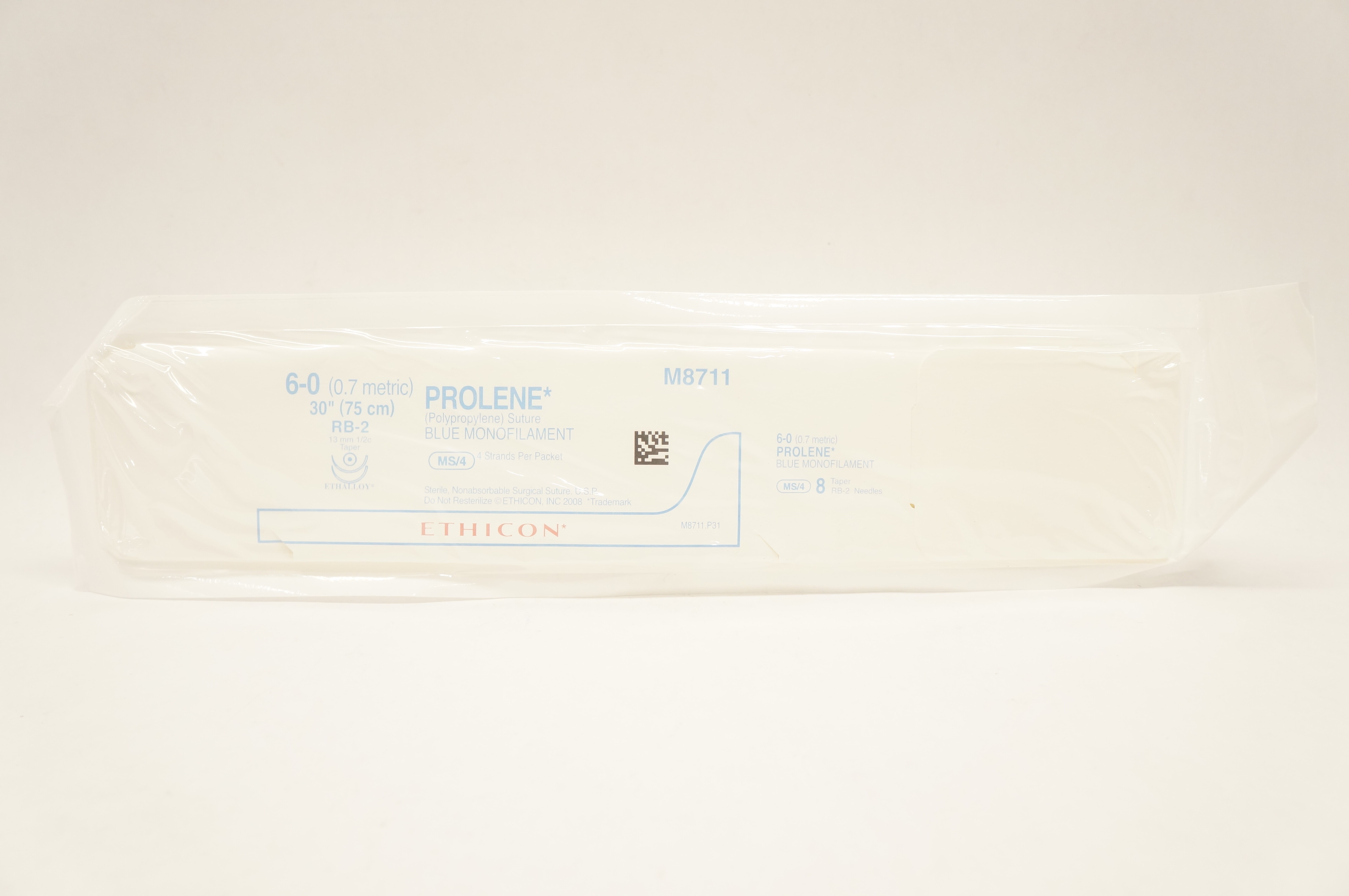 Ethicon M8711 6-0 Prolene Stre MS/4 Blue Monofilament RB-2 13mm 1/2c Taper 30in.