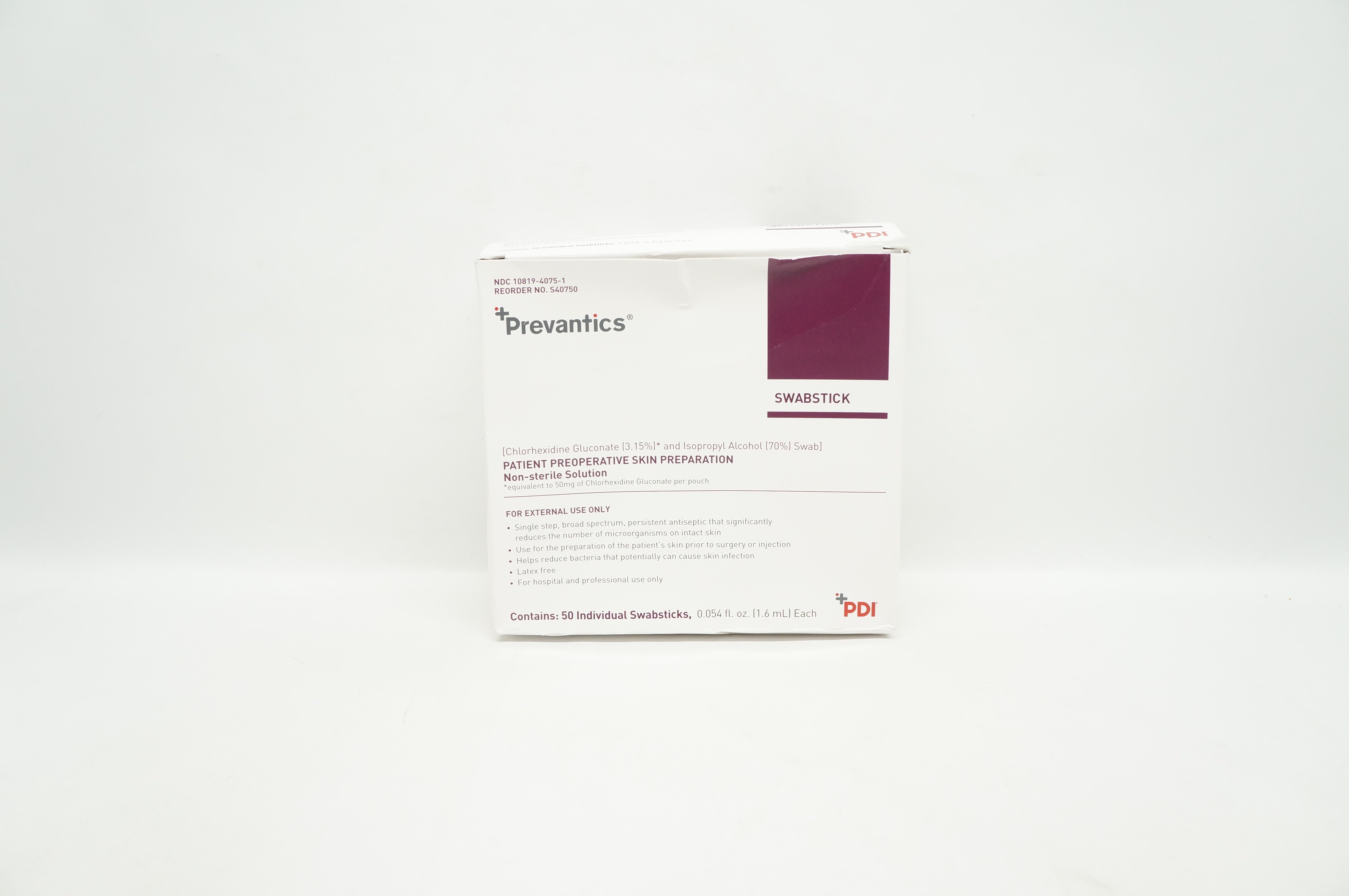 PDI S40750 Prevantics Chlorhexidine Gluconate Isopropyl Swabstick (x) -Box of 50