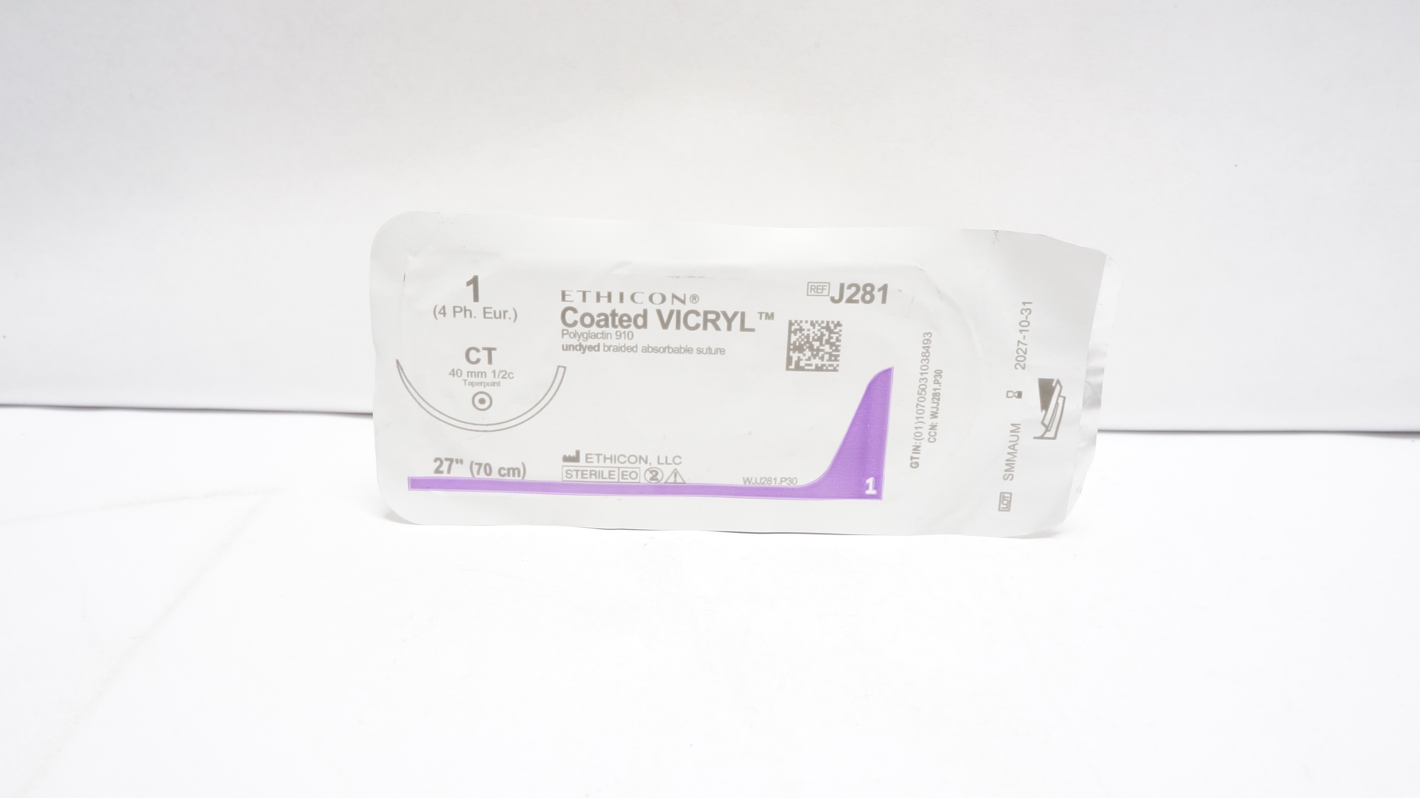 Ethicon J281 1 Coated VICRYL Polyglactin Stre CT 40mm 1/2c Taperpoint 27inch