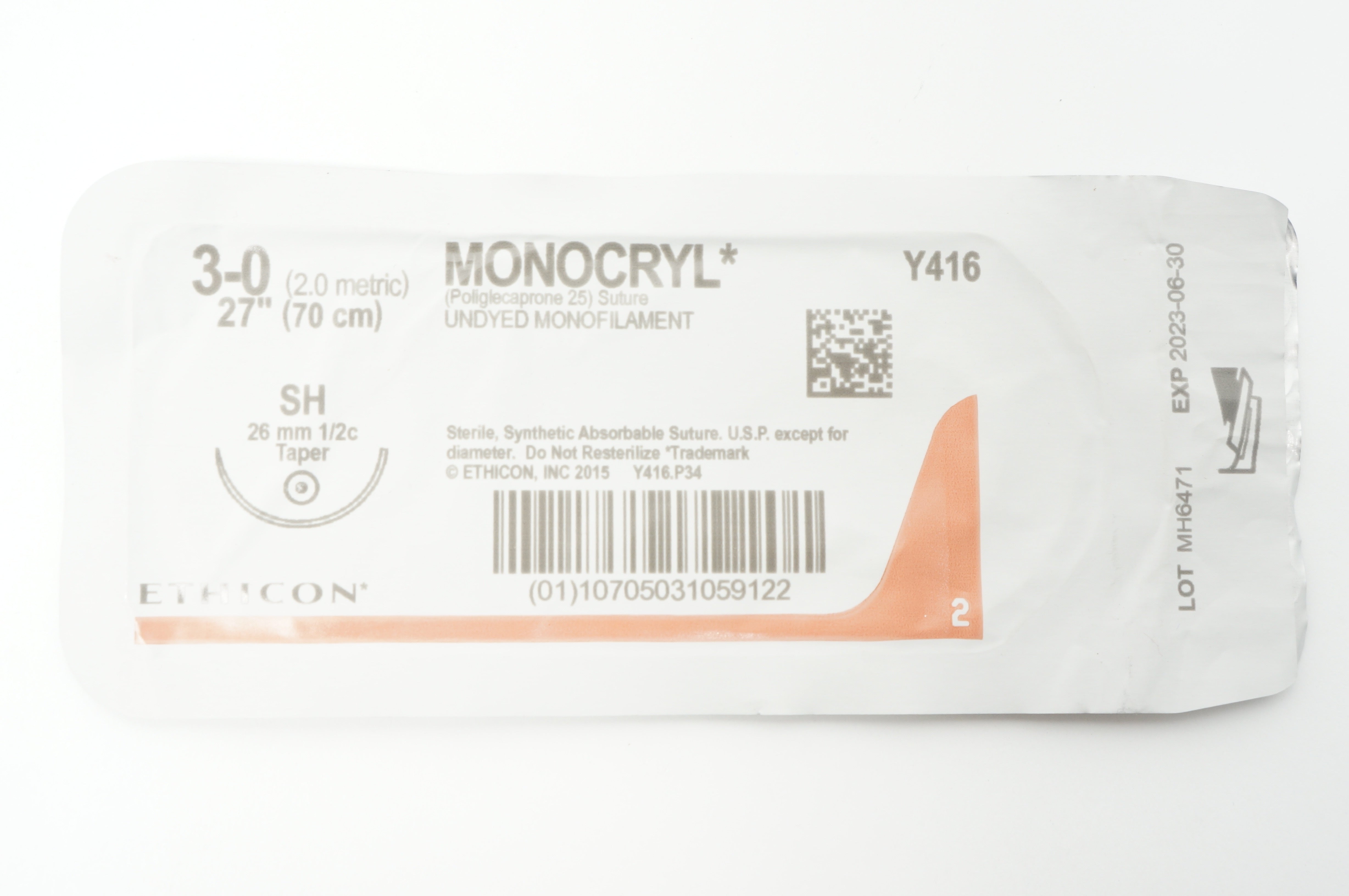 Ethicon Y416 3-0 MONOCRYL Undyed Monofilament SH 26mm 1/2c Taper, 27inch (x)