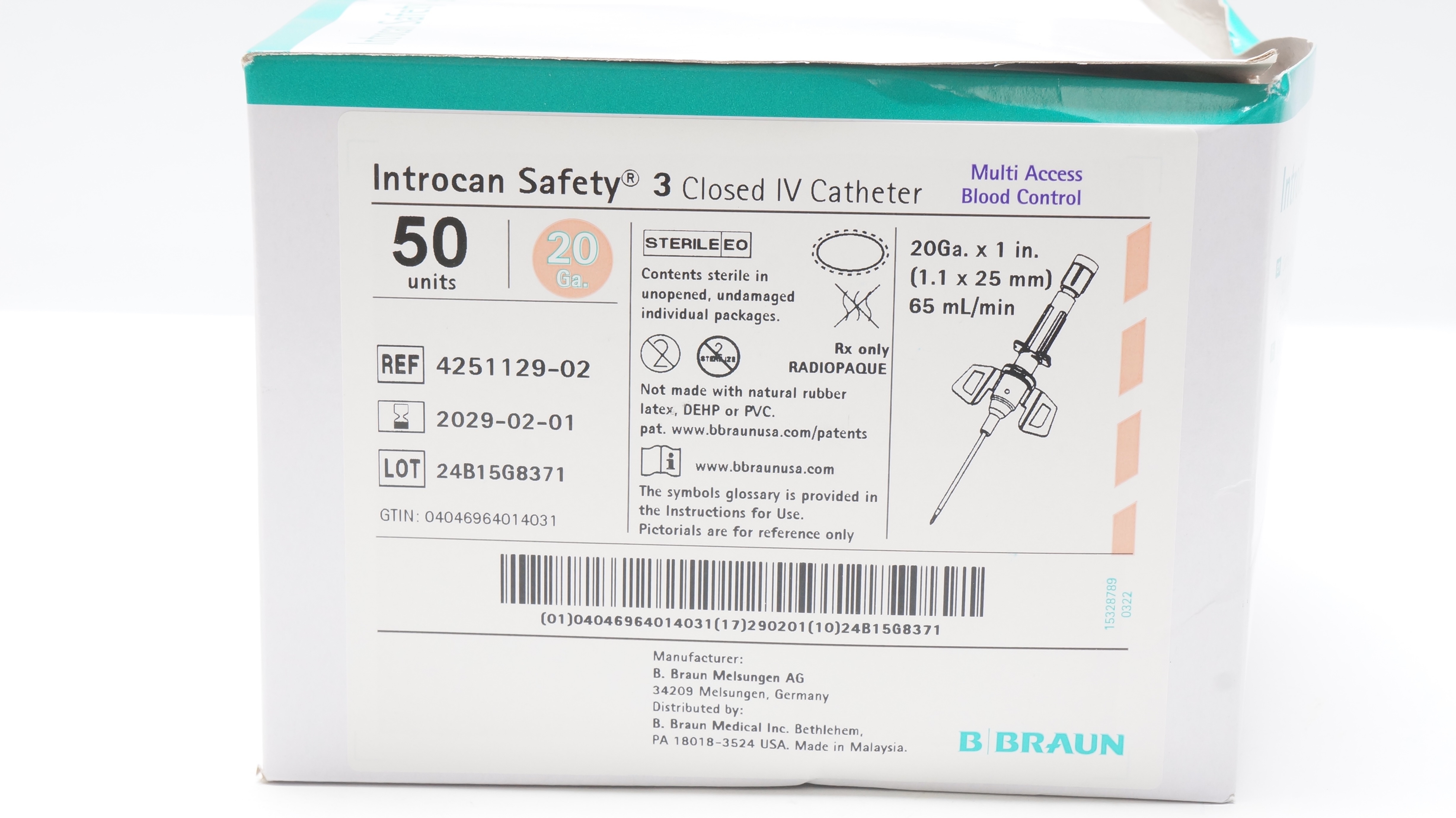Braun 4251129-02 Introcan Safety IV Cath. 20G x 1 inch x 65mL/min - Box of 50
