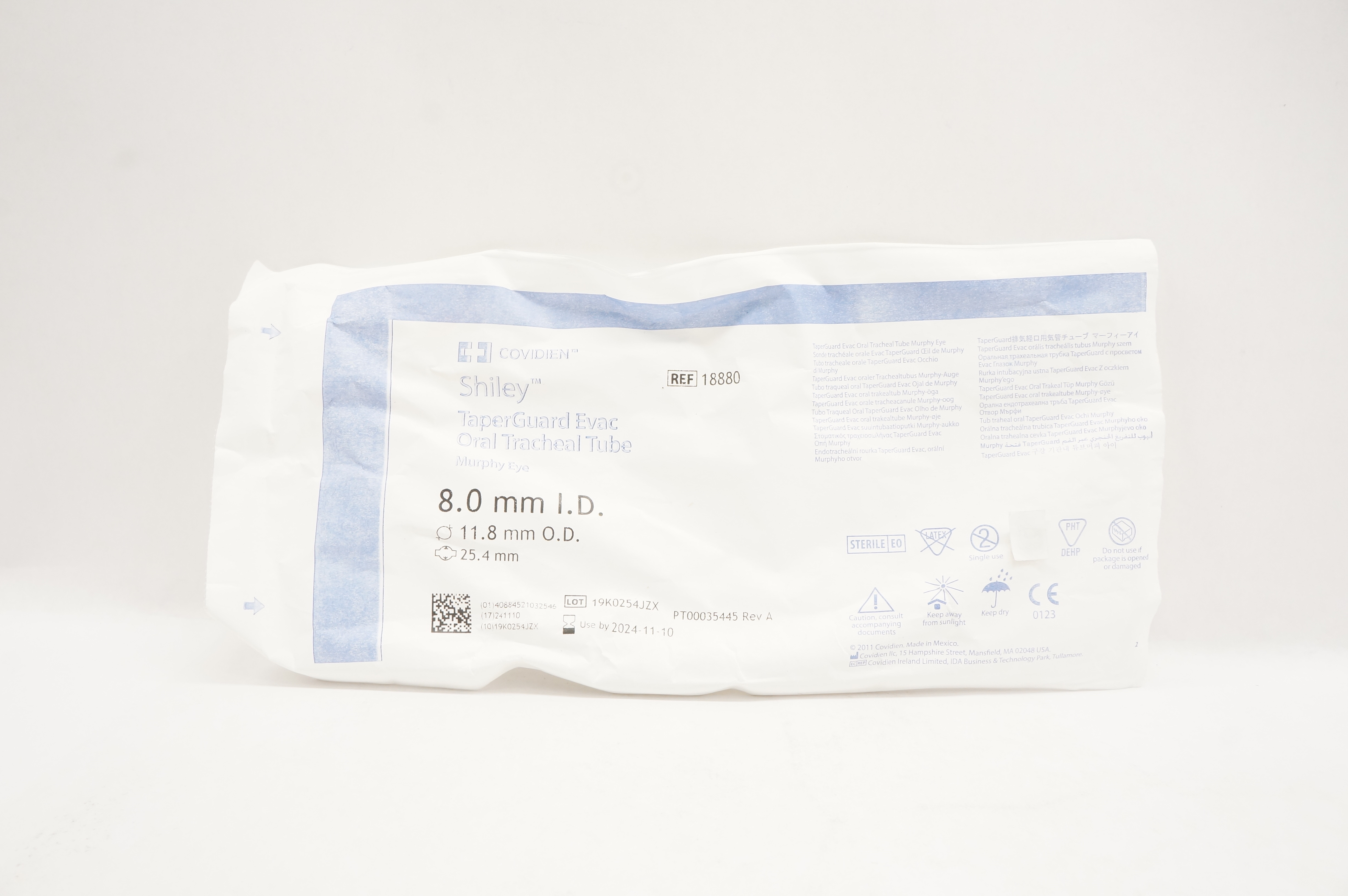 Covidien 18880 Shiley TaperGuard Evac Oral Tracheal Tube 8.0ID x 11.8OD x 25.4mm