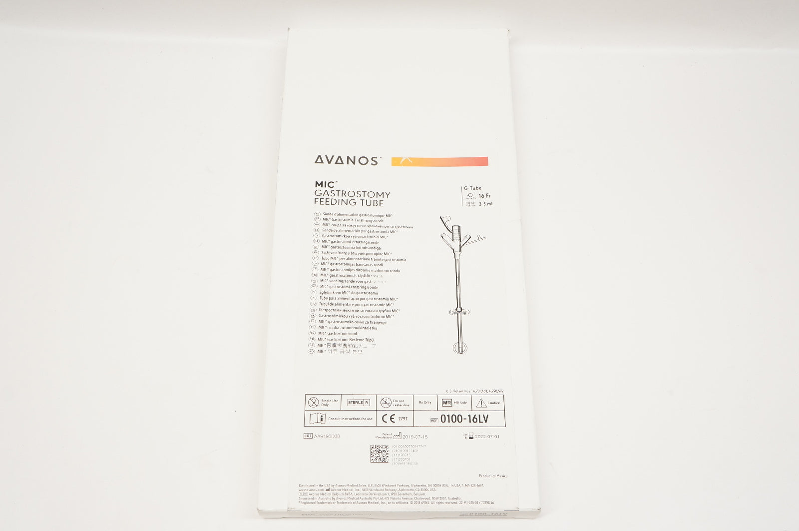 Avanos 0100-16LV MIC Gastrostomy Feeding Tube 3-5ml x 16Fr.