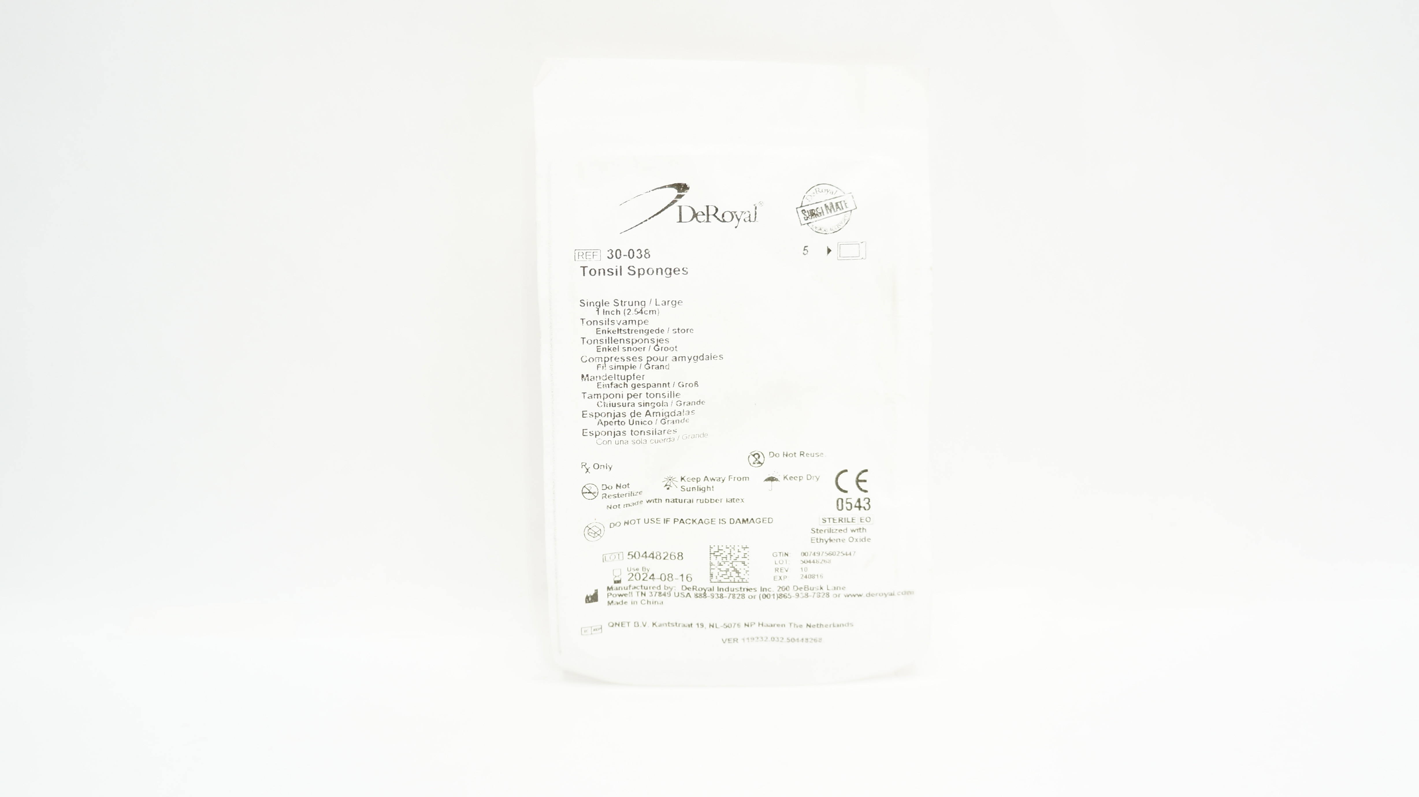 DeRoyal 30-038 Tonsil Sponges Single Strung/Large 1inch - Pack of 5