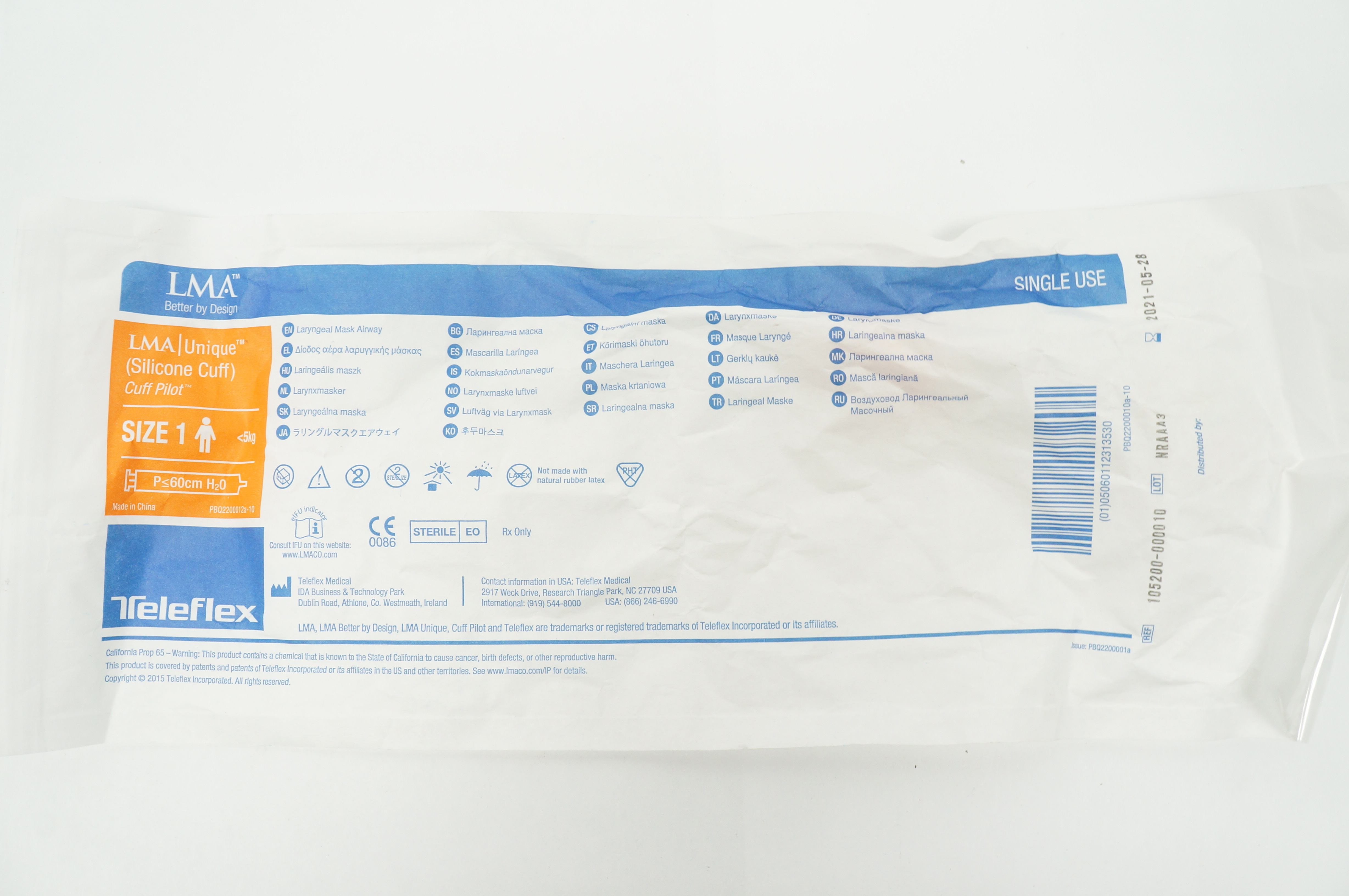 Teleflex 105200-000010 LMA Unique Cuff Pilot Laryngeal Mask Airway Size1 <5kg(x)