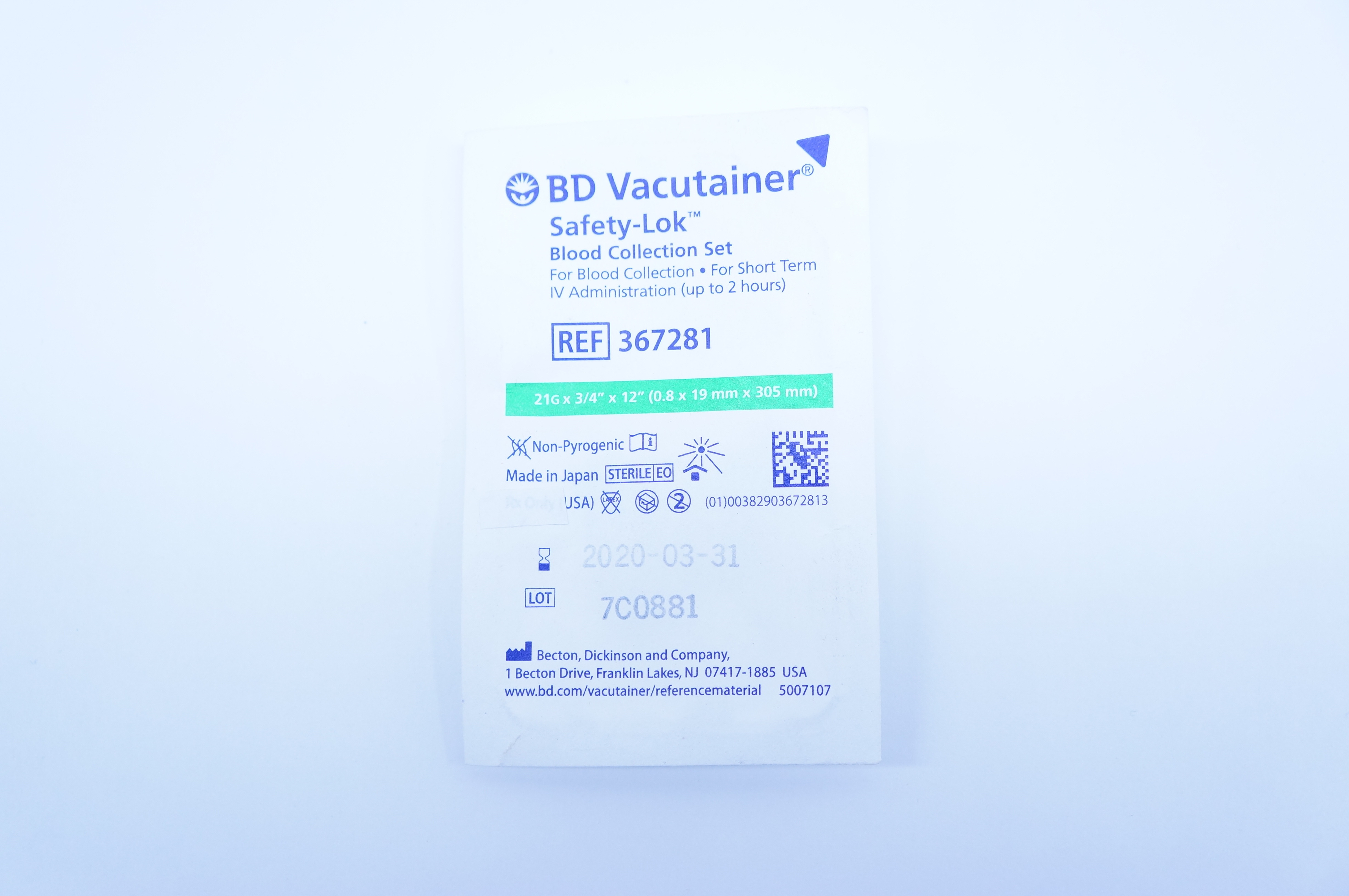 BD 367281 Safety-Lok Blood Collection Set 21G x 3/4inch x 12inch (x)