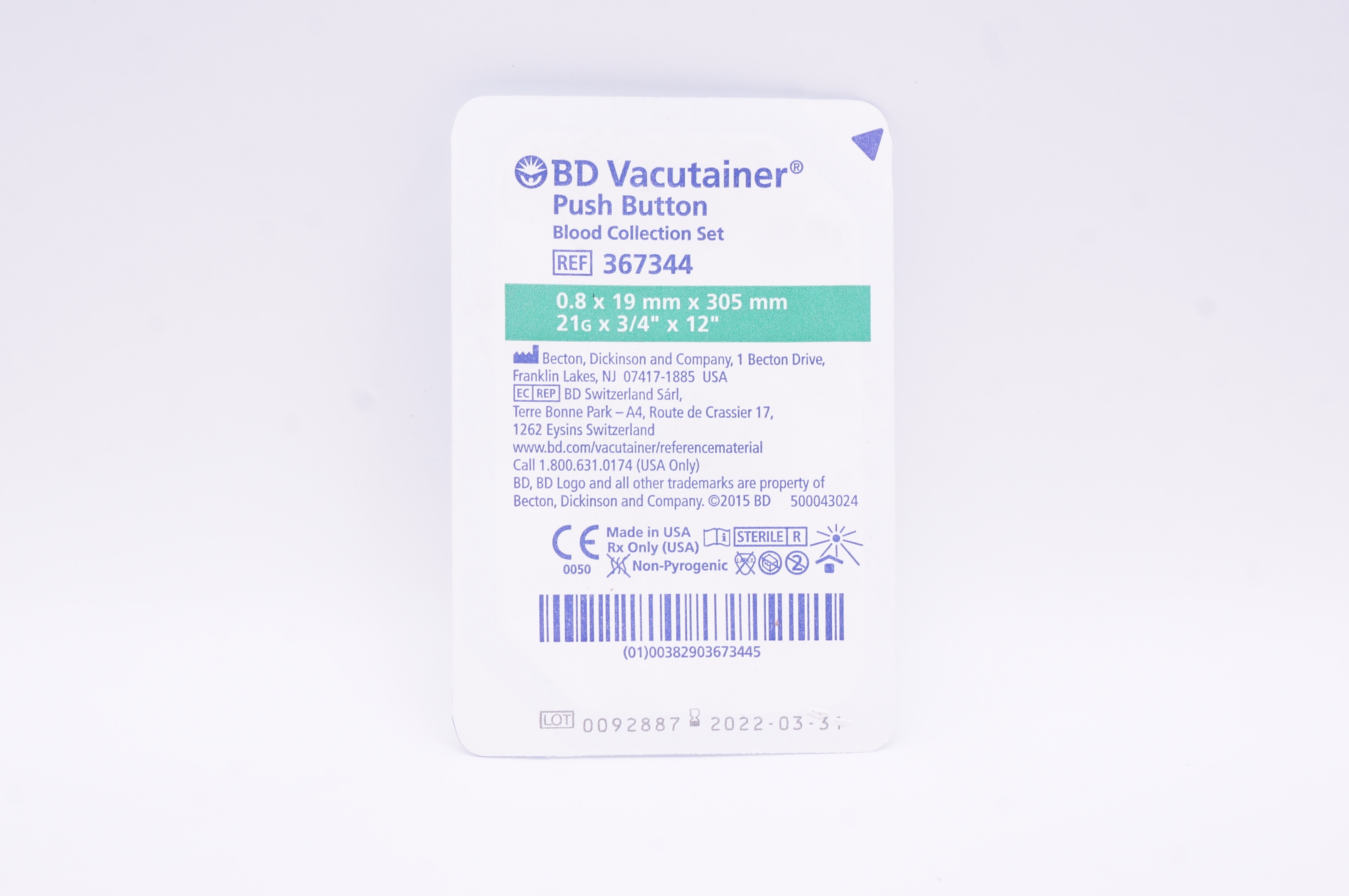 BD 367344 Vacutainer Push Button Blood Collection Set 21G x 3/4inch x 12inch
