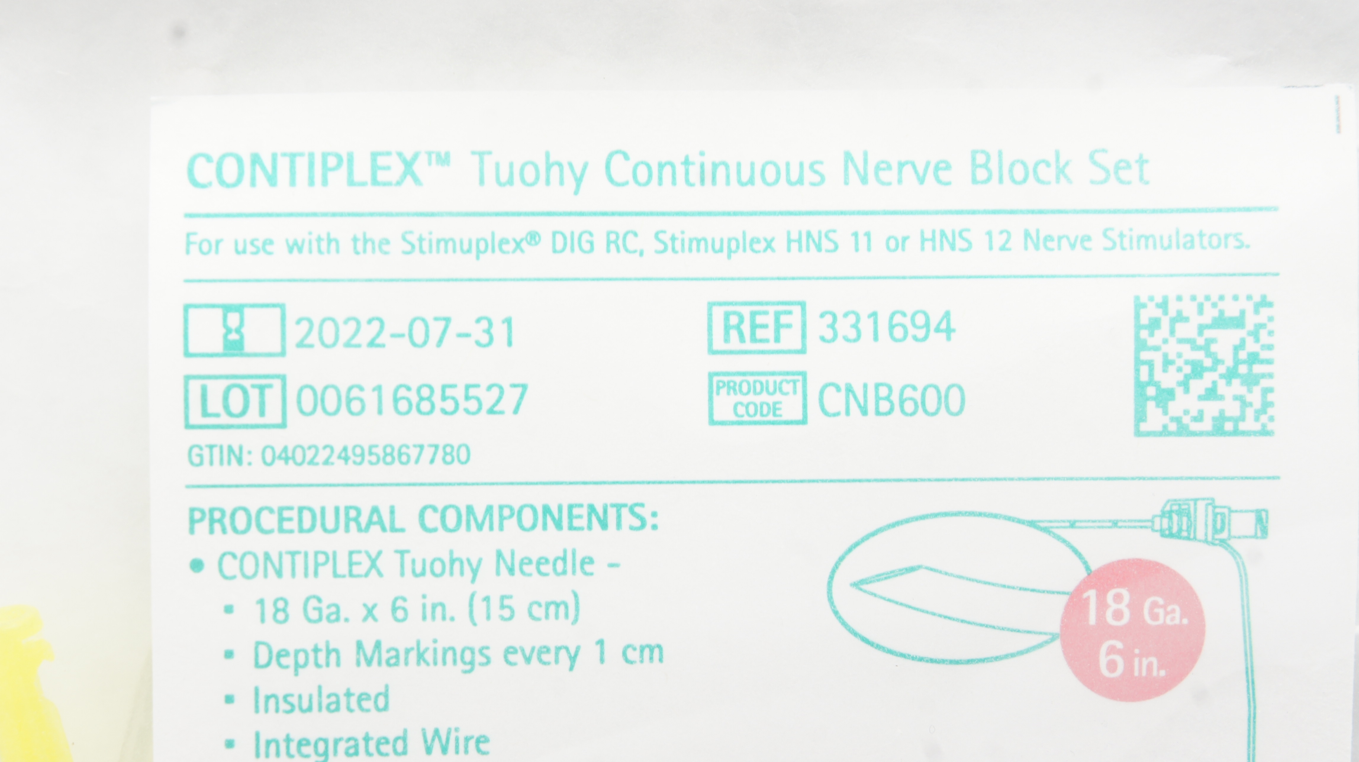 Braun 331694 Contiplex Tuohy Continuous Nerve Block Set 18Ga x 6inch, 20Ga (x)
