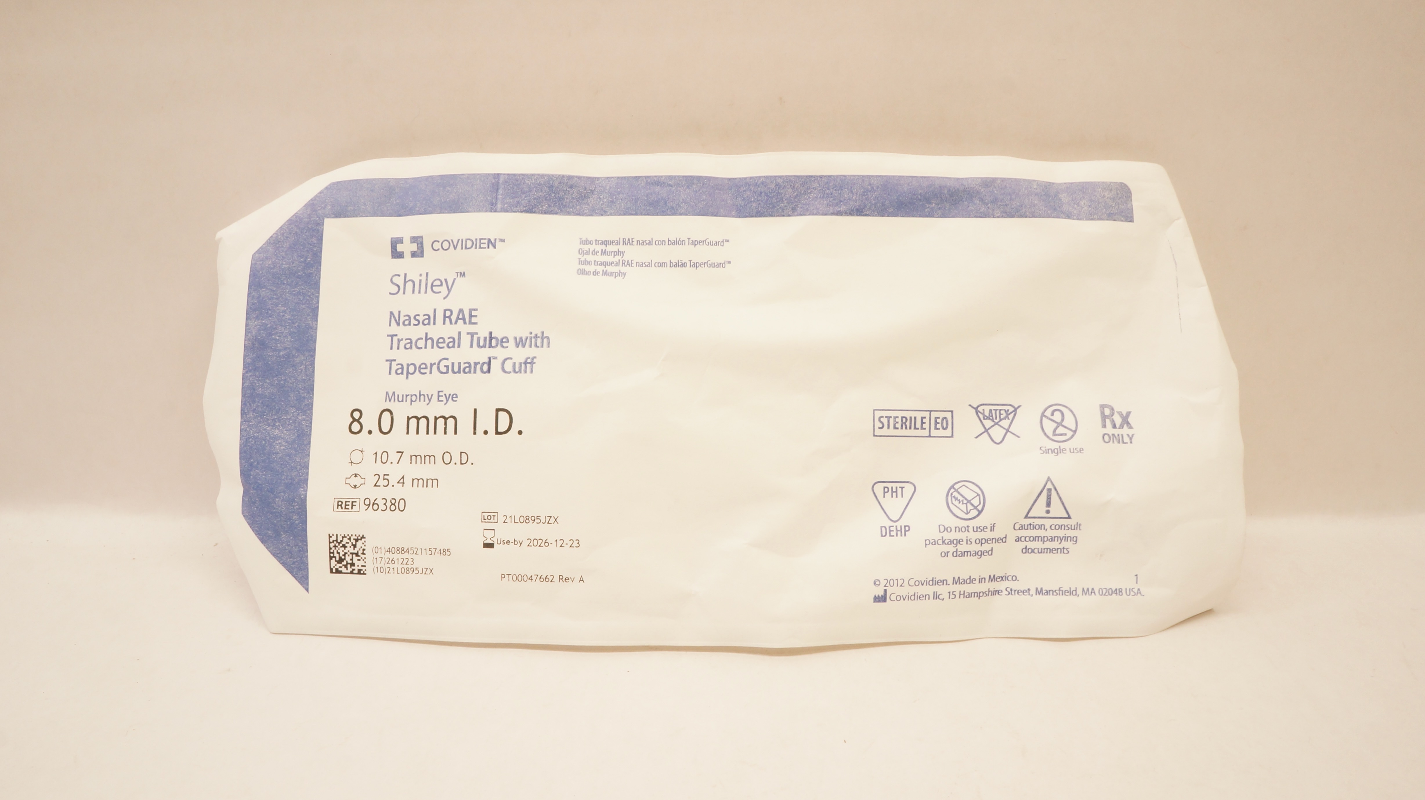 Covidien 96380 Shiley Nasal RAE Tracheal Tube w/Cuff 8.0ID x 10.7OD x 25.4mm