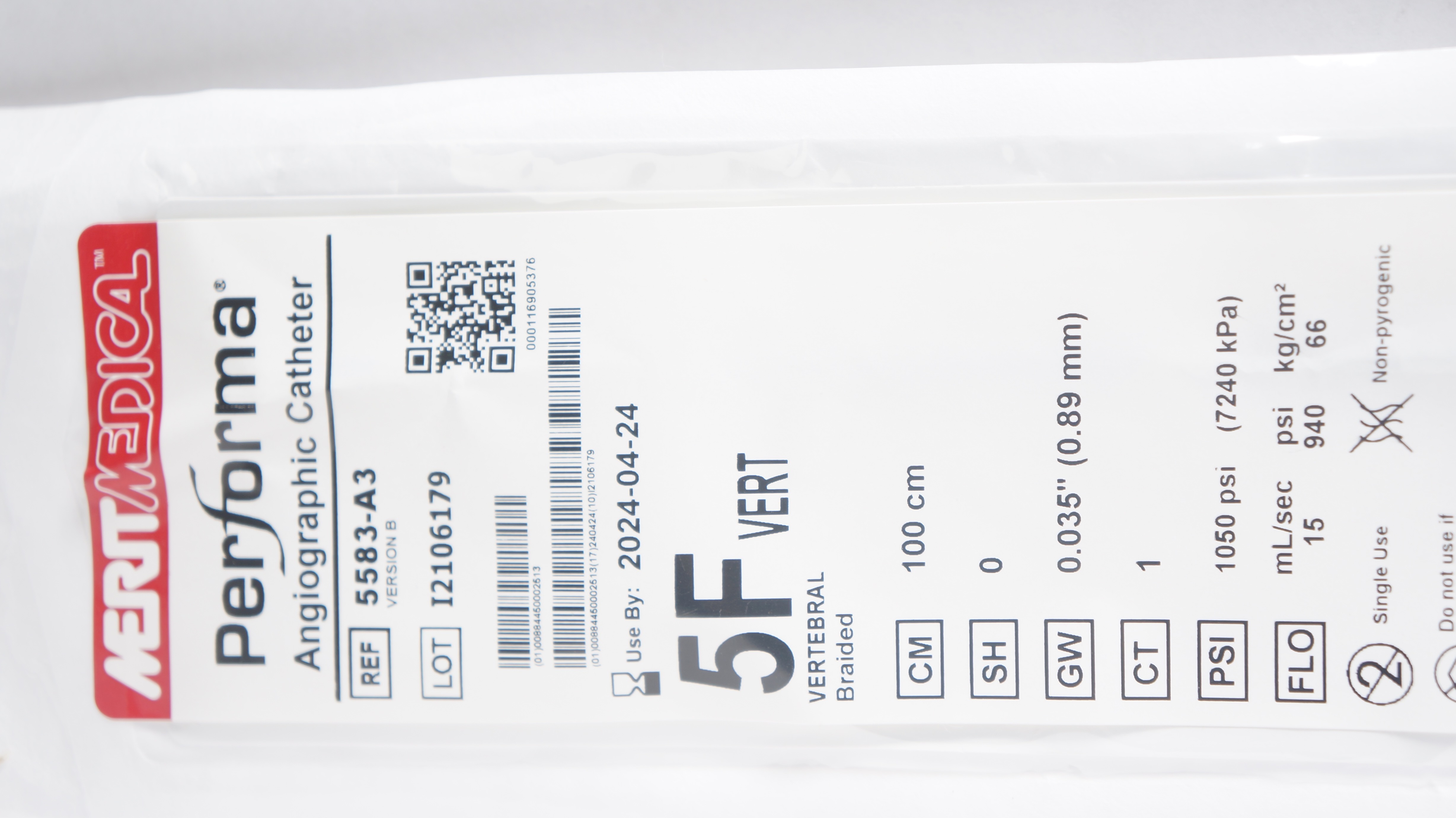 Merit Medical 5583-A3 Performa Angiographic Cath. 5F VERT 100cm x 0.035inch (x)