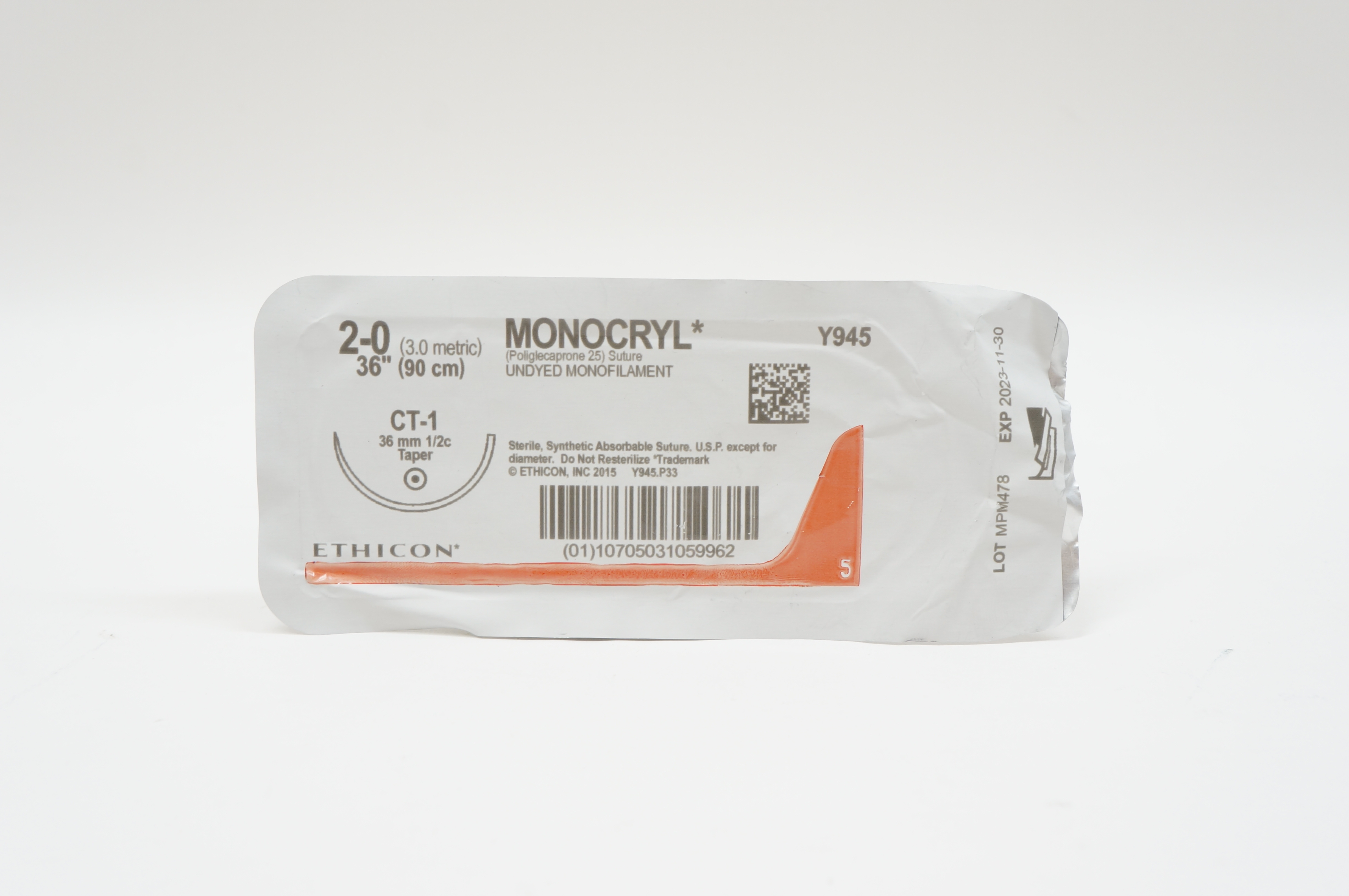 Ethicon Y945 2-0 MONOCRYL, CT-1, 36mm 1/2c Taper, 36inch