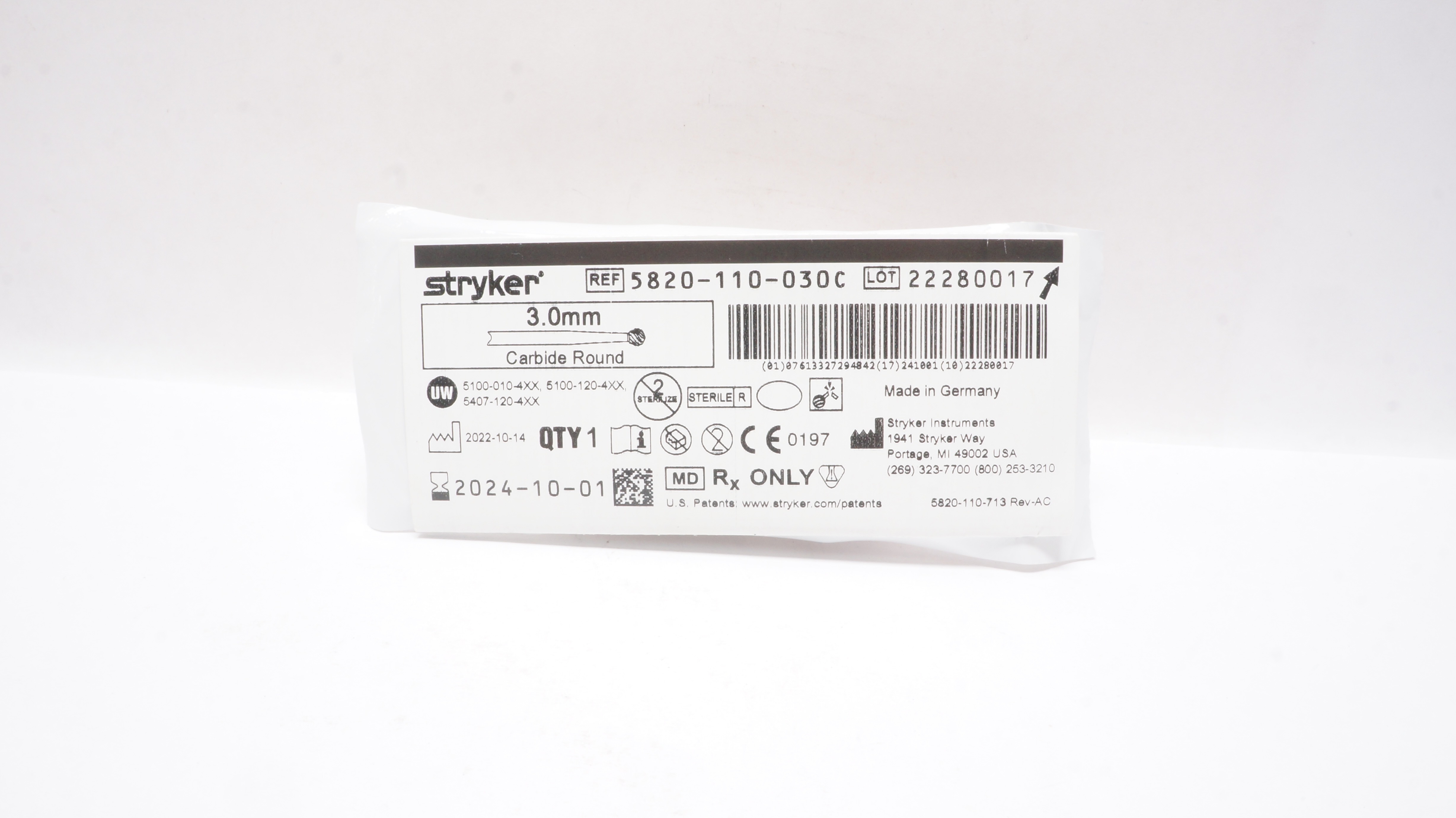 Stryker 5820-110-030C Carbide Round 3.0mm