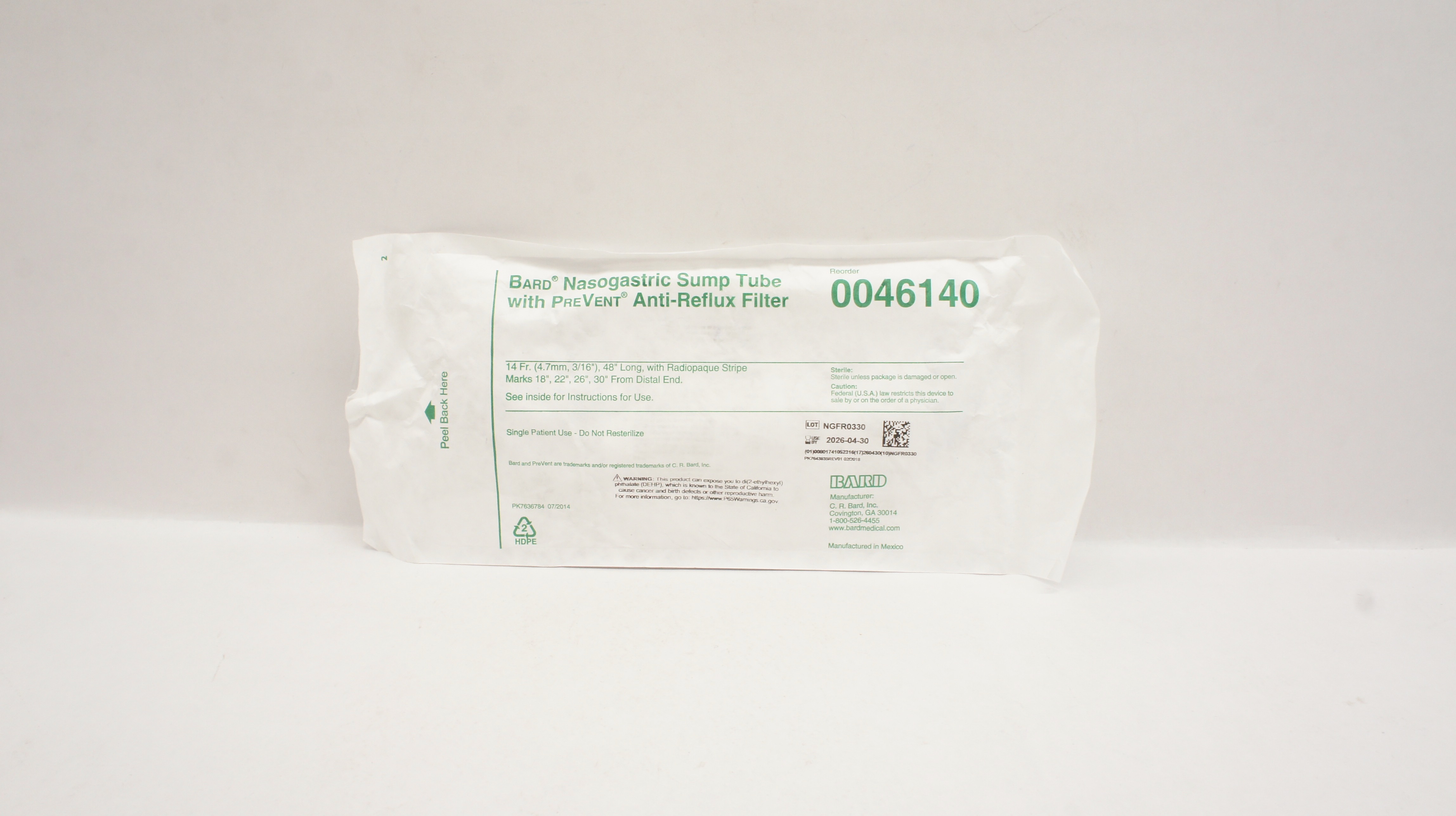 Bard 0046140 Nasogastric Sump Tube with PreVent Anti-Reflux Filter 14Fr x 48inch