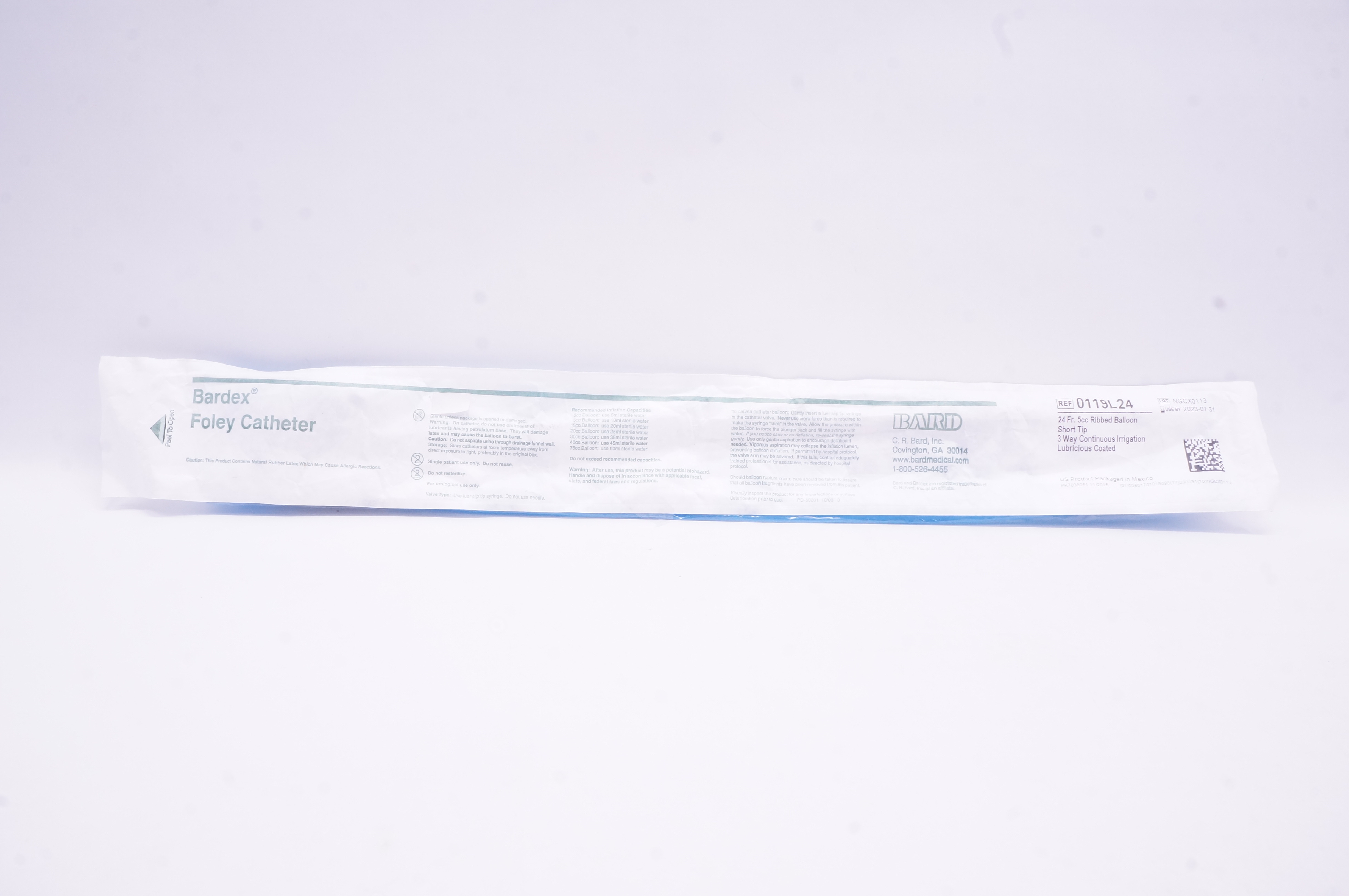 Bard 0119L24 Bardex Foley Cath 3-Way Short Tip Ribbed Balloon 24Fr. 5cc