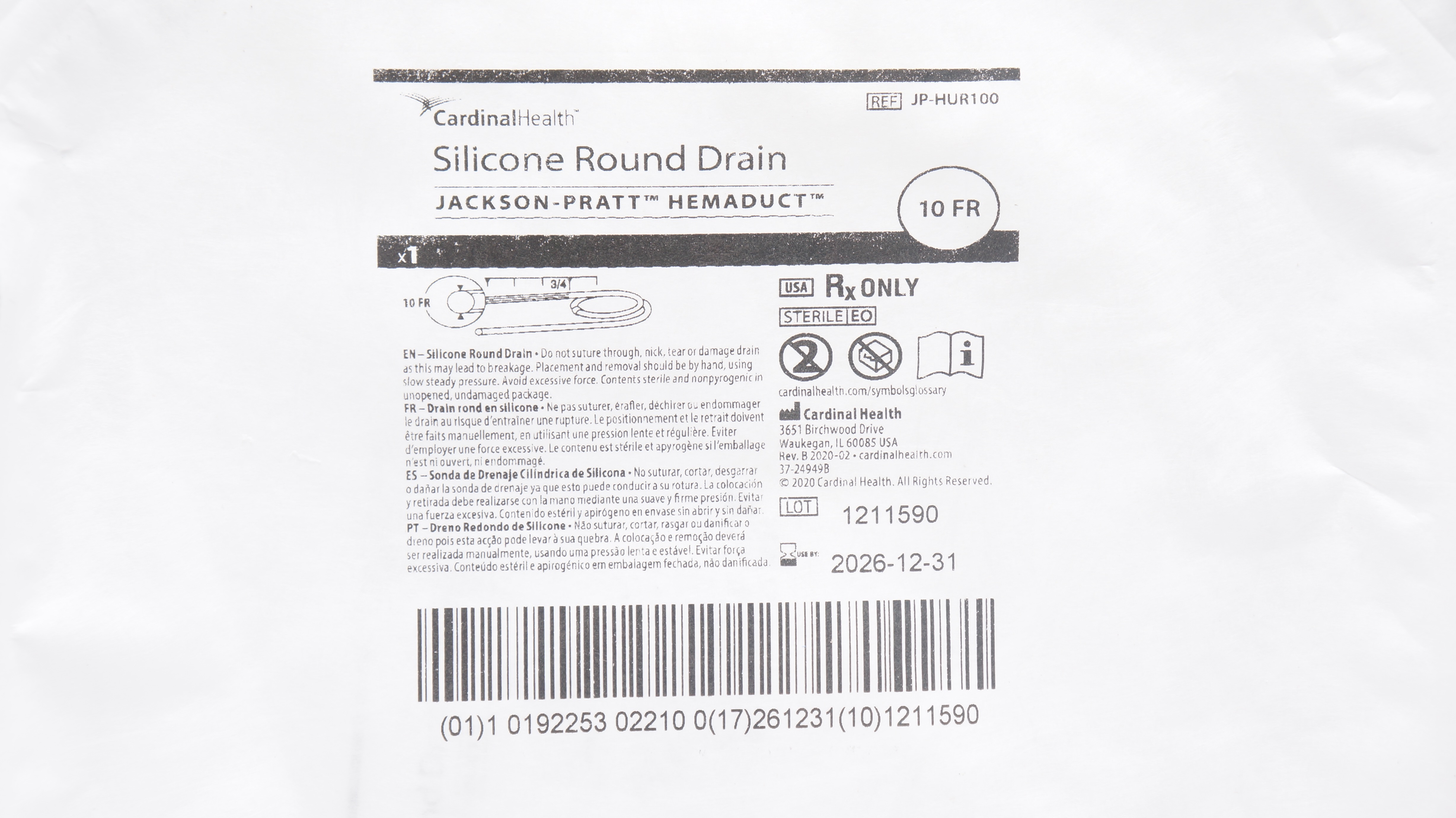 Cardinal Health JP-HUR100 Jackson-Pratt Hemaduct Silicone Round Drain 10Fr.